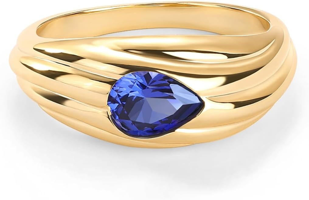 image:imagePAVOI 14K Gold Plated Chunky Colored Gemstones Statement Ring for Women Blue Pink Green Pear Cubic Zirconia Stackable Wave Texture BandsYellow Gold