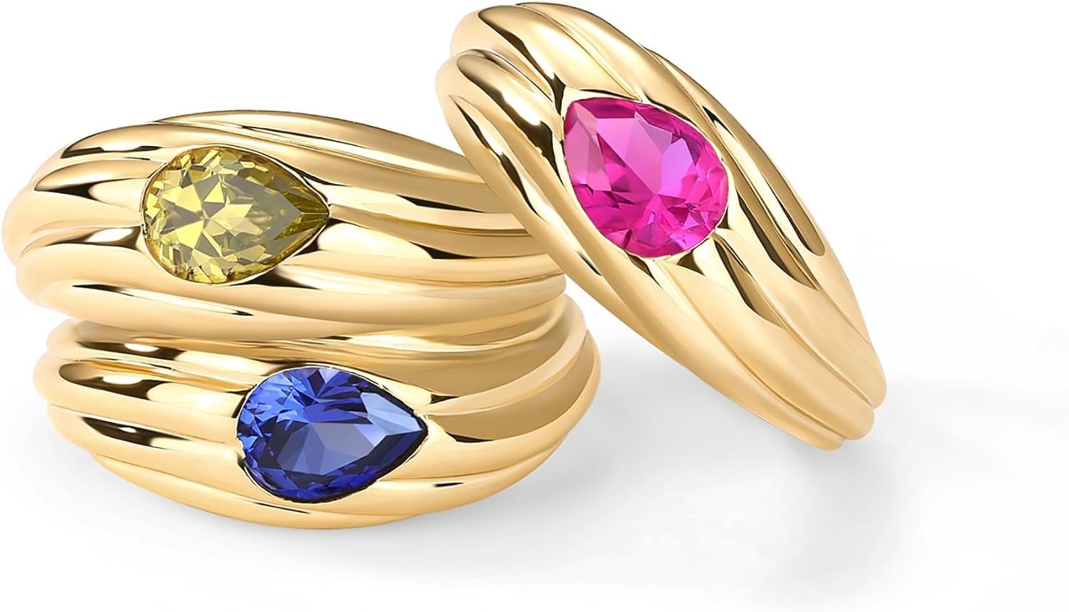 image:imagePAVOI 14K Gold Plated Chunky Colored Gemstones Statement Ring for Women Blue Pink Green Pear Cubic Zirconia Stackable Wave Texture BandsYellow Gold