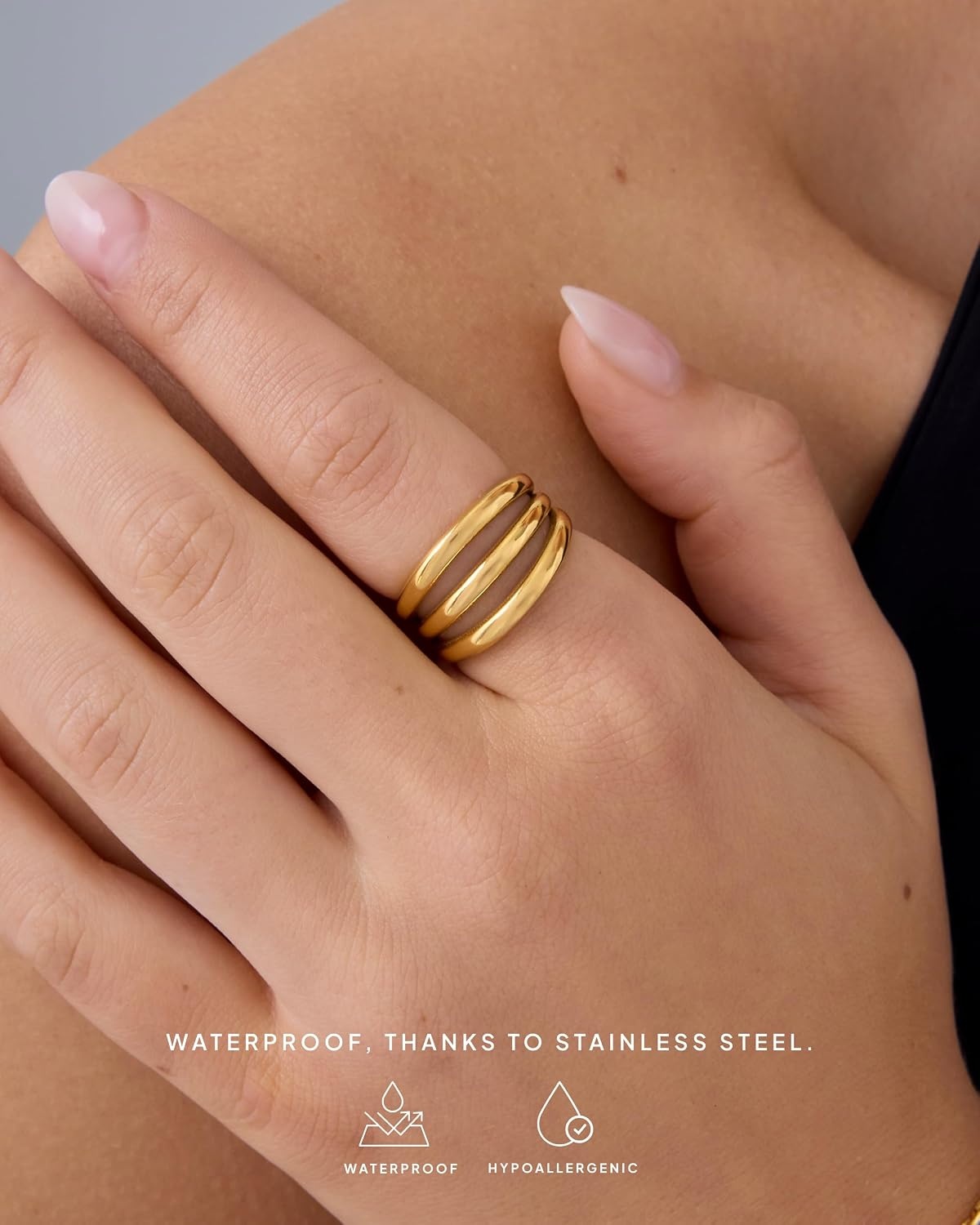 image:imagePAVOI 14K Gold Plated Chunky Curved Triple Stackable Ring for Women Stainless Steel Three in One Statement Rings Waterproof Thick MultiBandsStainless Steel