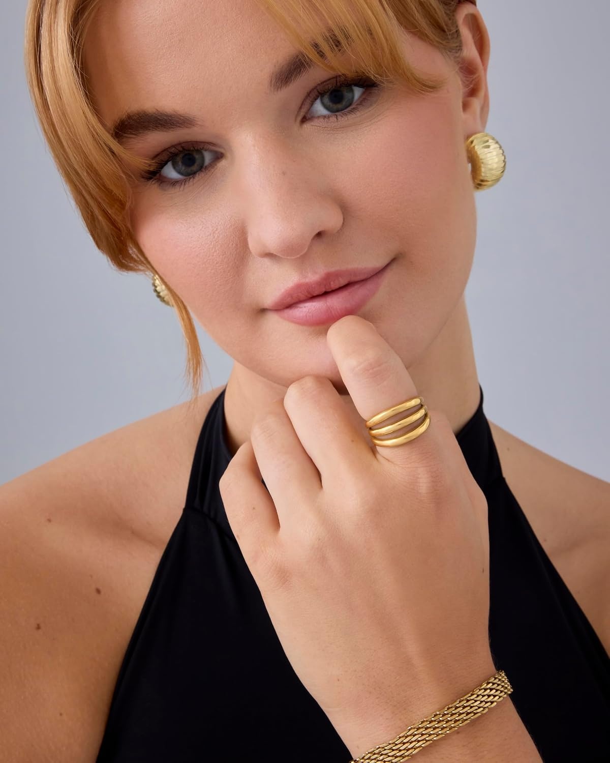image:imagePAVOI 14K Gold Plated Chunky Curved Triple Stackable Ring for Women Stainless Steel Three in One Statement Rings Waterproof Thick MultiBandsYellow Gold