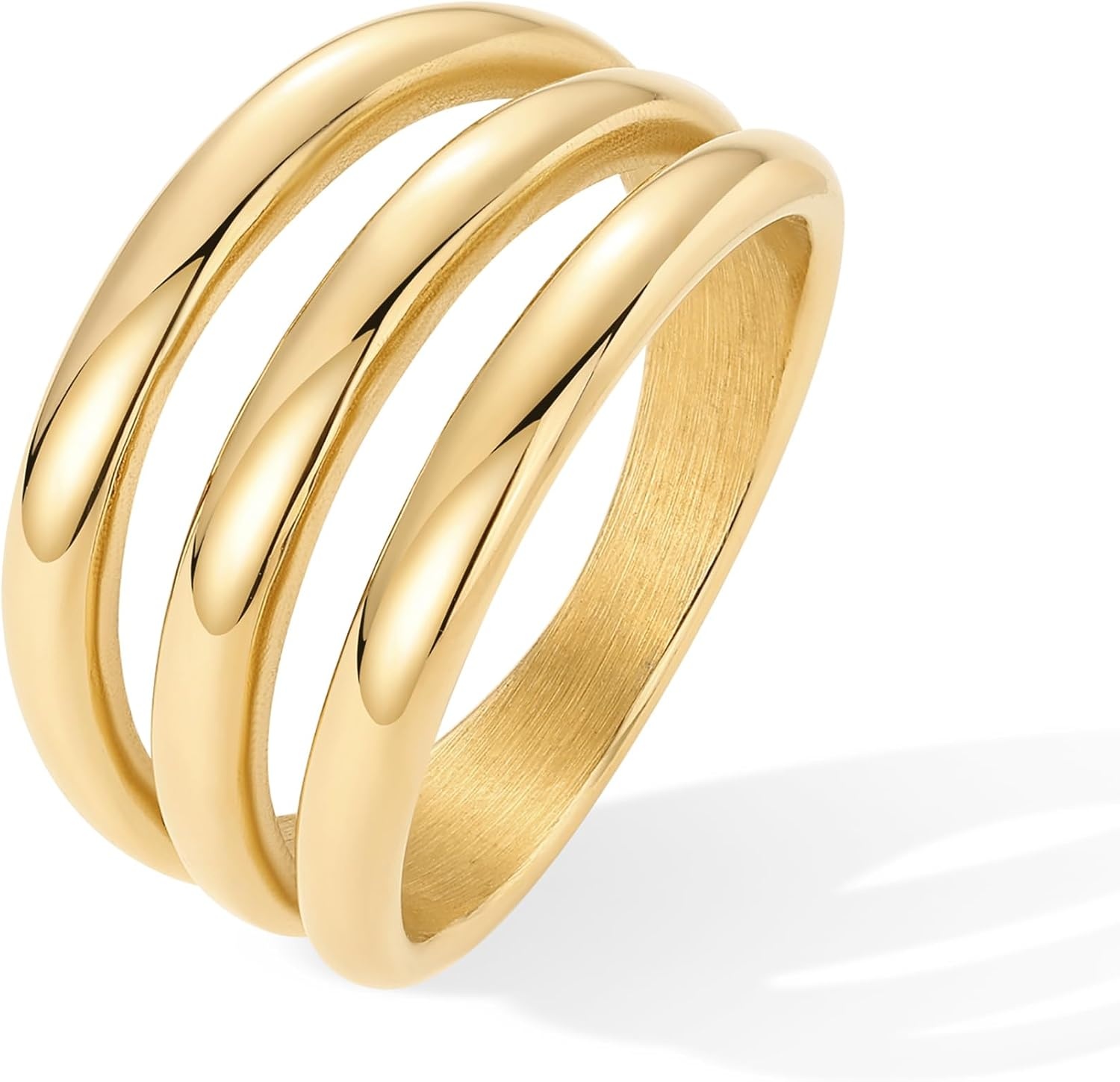 image:imagePAVOI 14K Gold Plated Chunky Curved Triple Stackable Ring for Women Stainless Steel Three in One Statement Rings Waterproof Thick MultiBandsYellow Gold