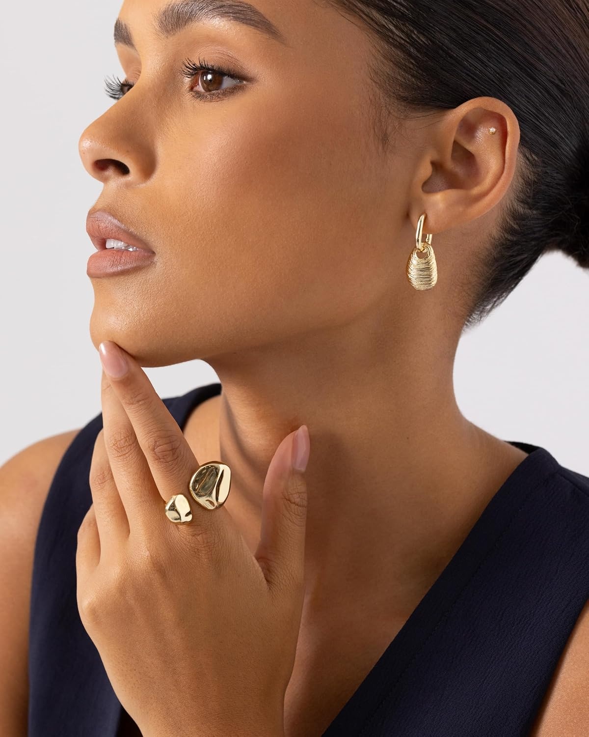 image:imagePAVOI 14K Gold Plated Chunky Open Statement Rings for Women Bold Hammered Double Pebble Stackable Ring Trendy Geometric Organic Fashion Bands JewelryYellow Gold