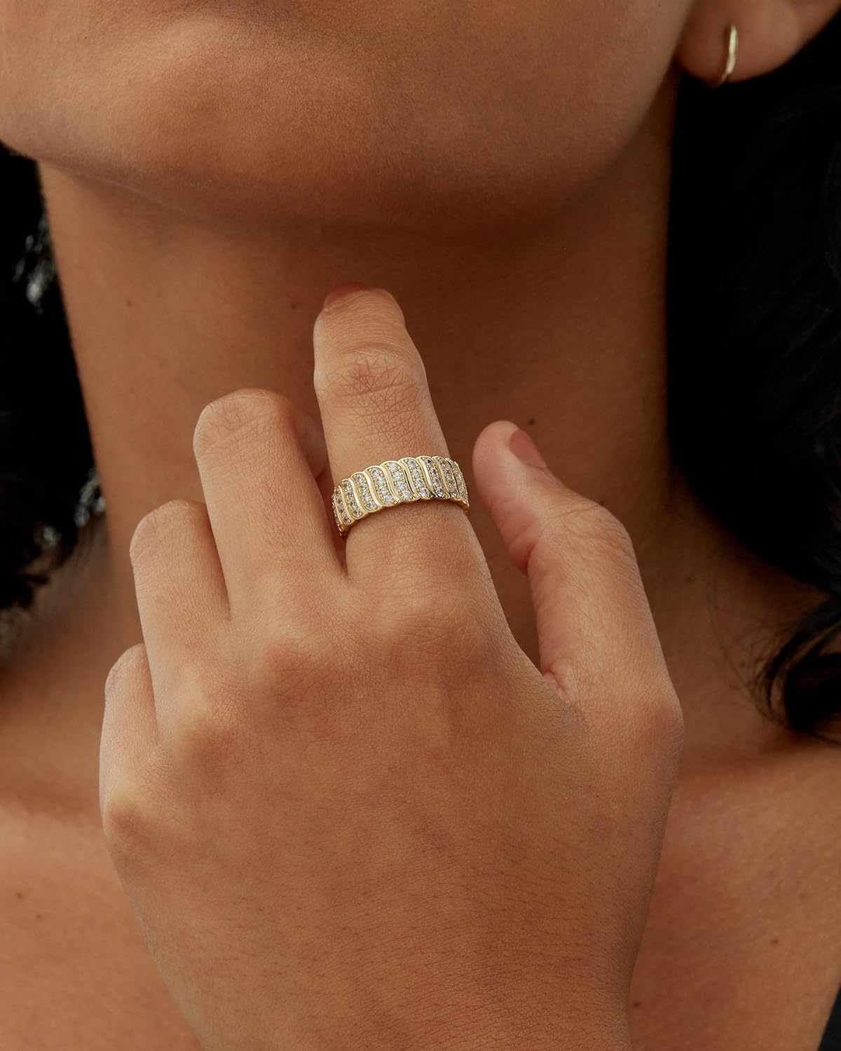 image:imagePAVOI 14K Gold Plated Chunky Ring Cubic Zirconia Stackable Rings Chunky Wide Band for WomenWhite Gold