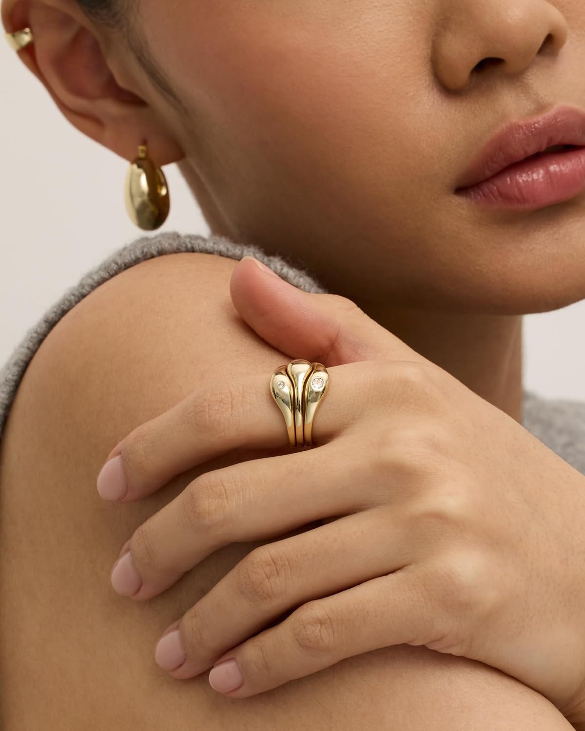 image:imagePAVOI 14K Gold Plated Chunky Stackable Rings Set for Women Cubic Zirconia Bands Set 3 Statement Rings PackYellow Gold