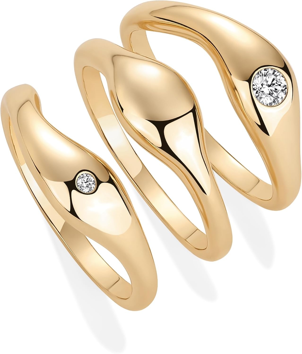 image:imagePAVOI 14K Gold Plated Chunky Stackable Rings Set for Women Cubic Zirconia Bands Set 3 Statement Rings PackYellow Gold