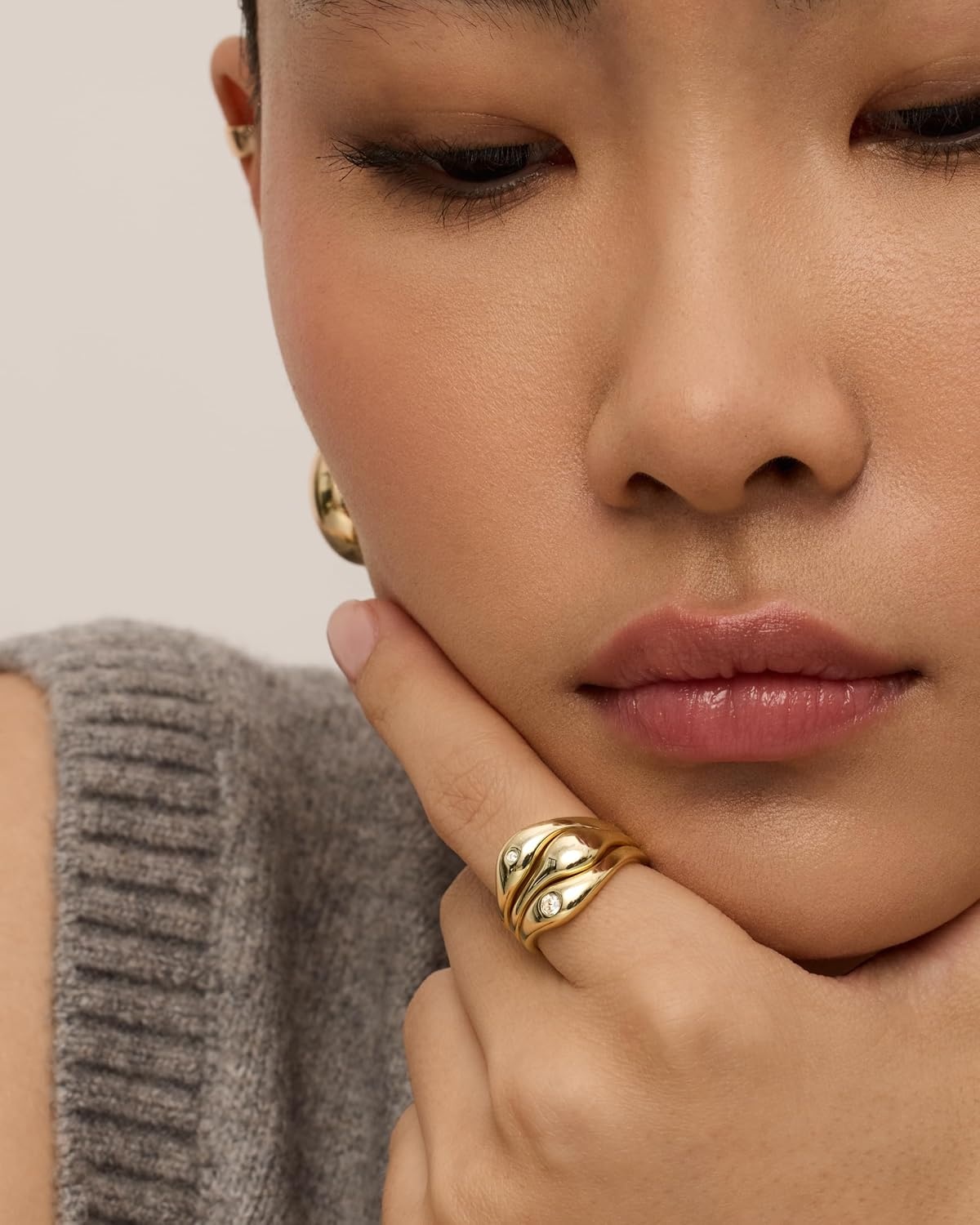 image:imagePAVOI 14K Gold Plated Chunky Stackable Rings Set for Women Cubic Zirconia Bands Set 3 Statement Rings PackYellow Gold