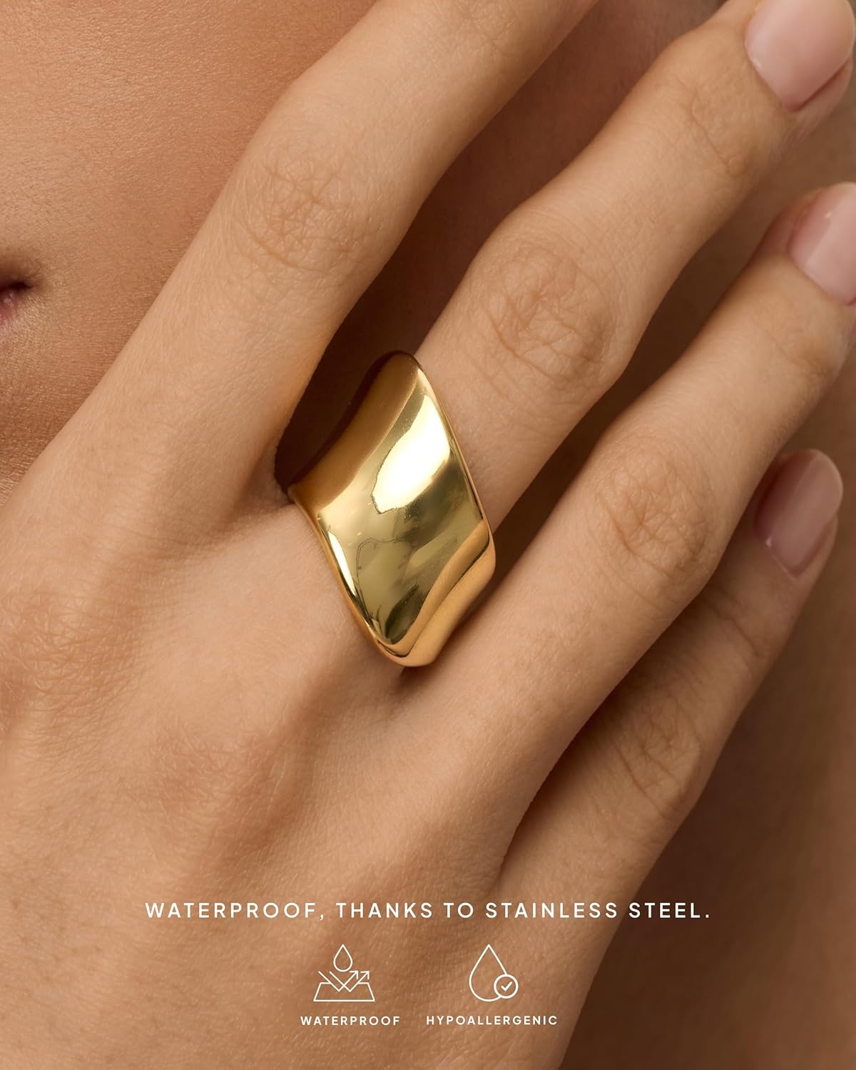 image:imagePAVOI 14K Gold Plated Chunky Statement Ring for Women Stainless Steel Hypoallergenic Wide Stackable RingsYellow Gold