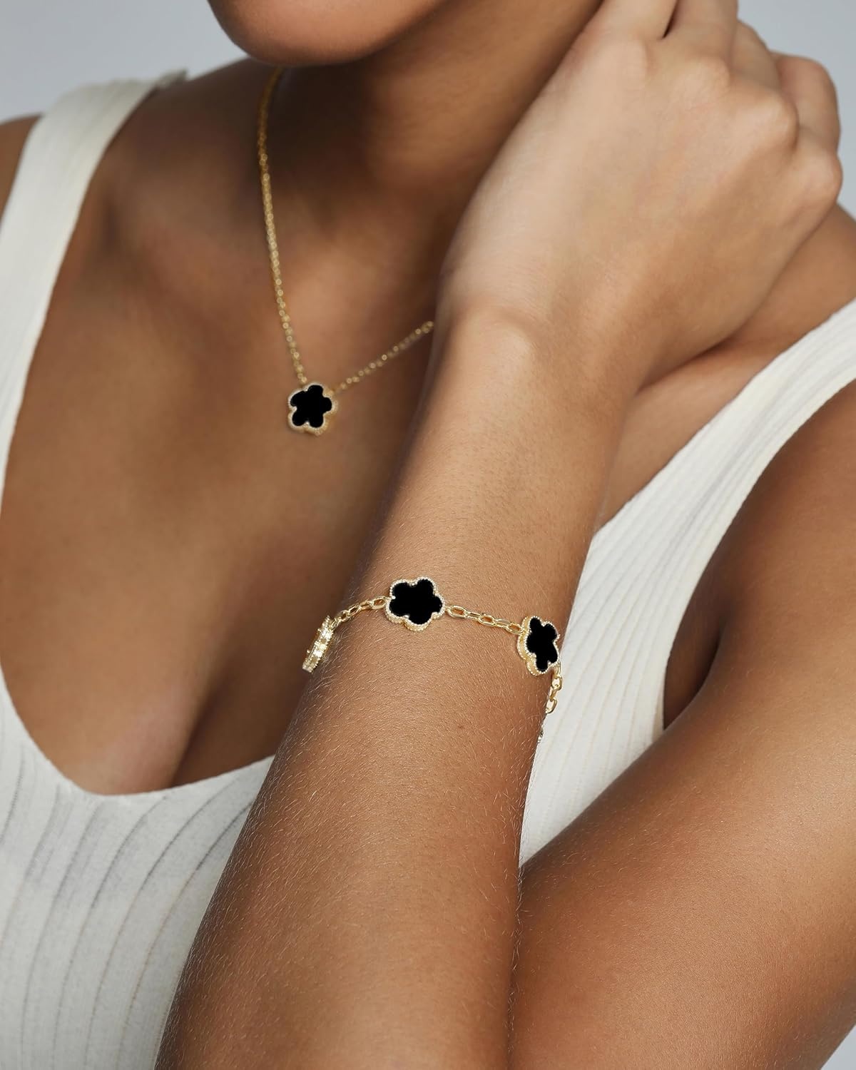 image:imagePAVOI 14K Gold Plated Clover Bracelets for Women Flower Four Leaf Clover Bracelet Mother of Pearl amp Onyx Gemstone Lucky Flower Design Adjustable Trendy Jewelry GiftsWhite Gold