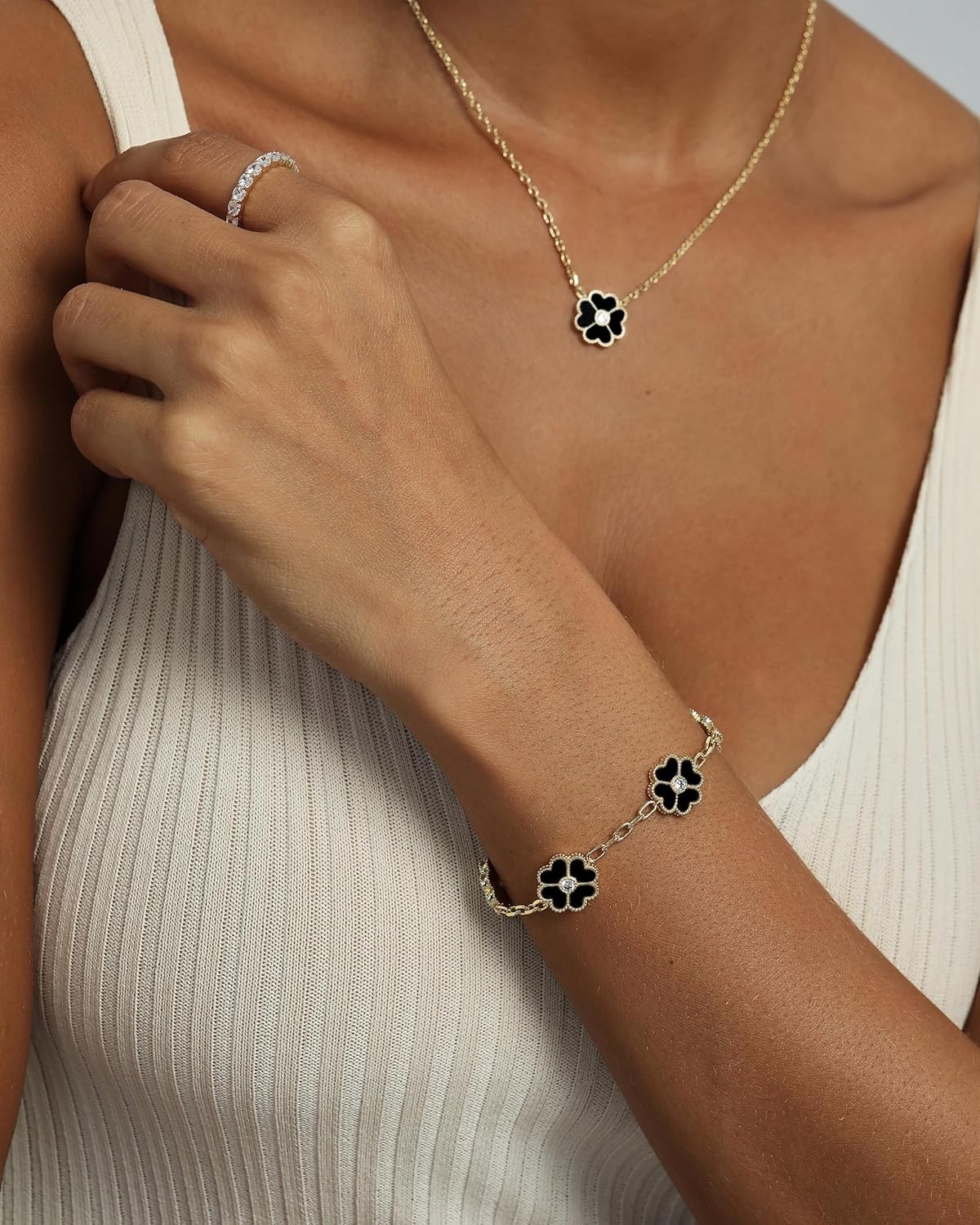 image:imagePAVOI 14K Gold Plated Clover Bracelets for Women Flower Four Leaf Clover Bracelet Mother of Pearl amp Onyx Gemstone Lucky Flower Design Adjustable Trendy Jewelry GiftsWhite Gold