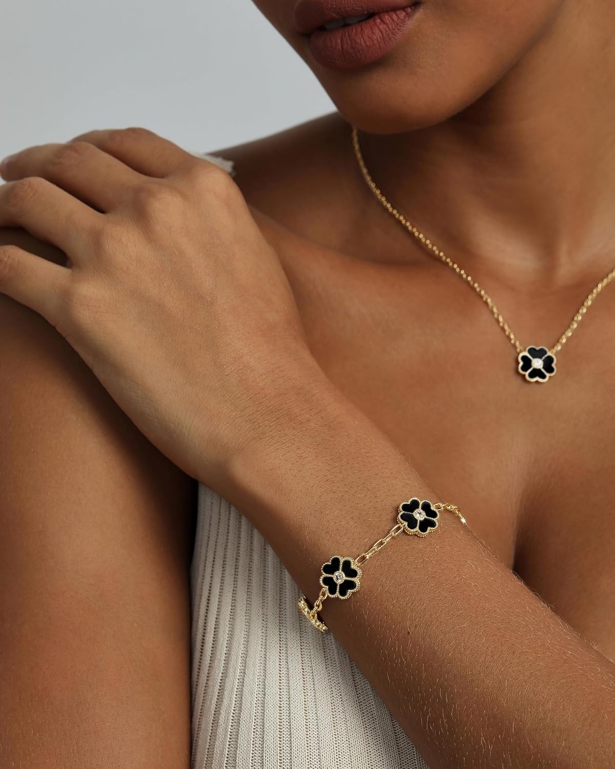 image:imagePAVOI 14K Gold Plated Clover Bracelets for Women Flower Four Leaf Clover Bracelet Mother of Pearl amp Onyx Gemstone Lucky Flower Design Adjustable Trendy Jewelry GiftsYellow Gold