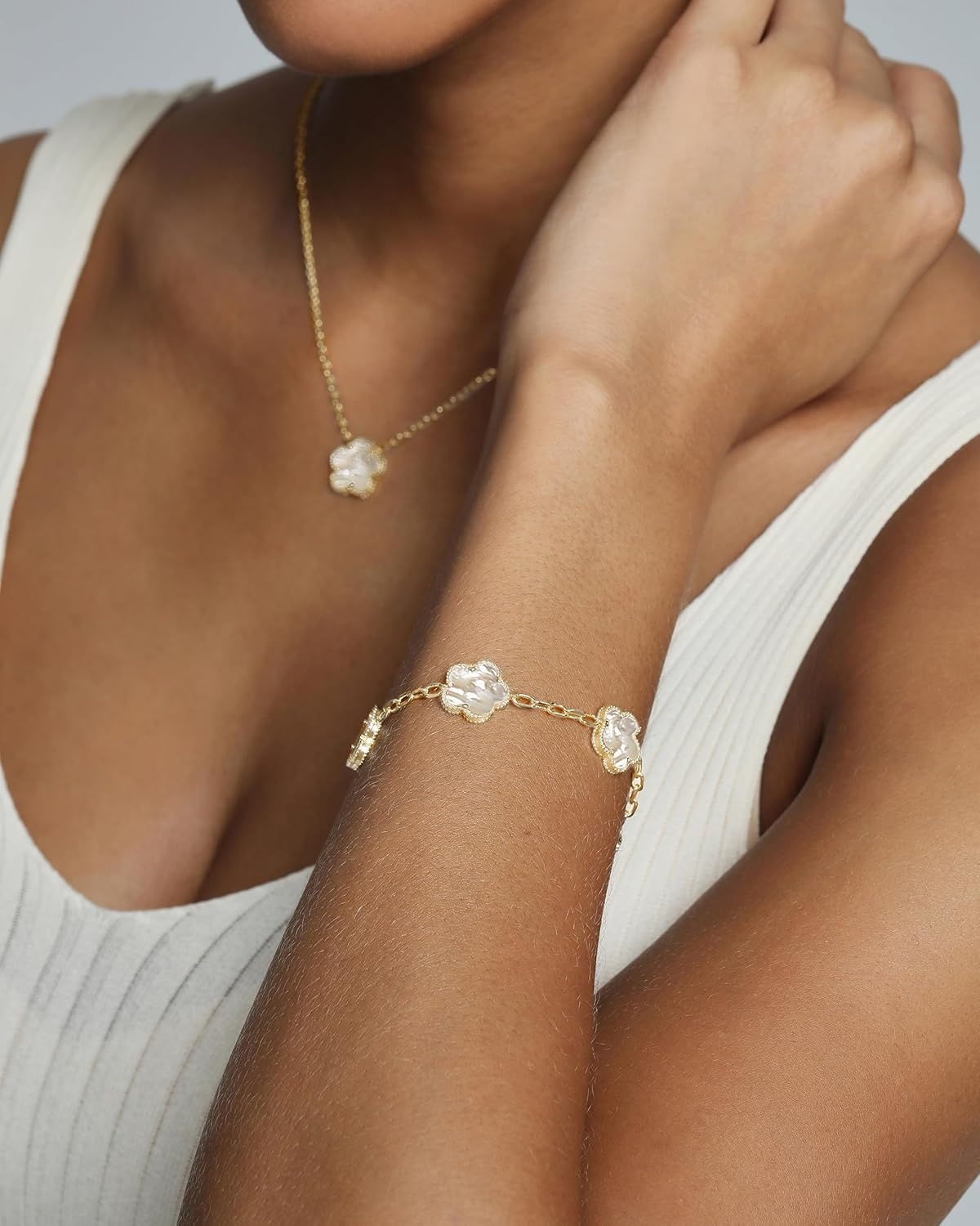 image:imagePAVOI 14K Gold Plated Clover Bracelets for Women Flower Four Leaf Clover Bracelet Mother of Pearl amp Onyx Gemstone Lucky Flower Design Adjustable Trendy Jewelry GiftsWhite Gold