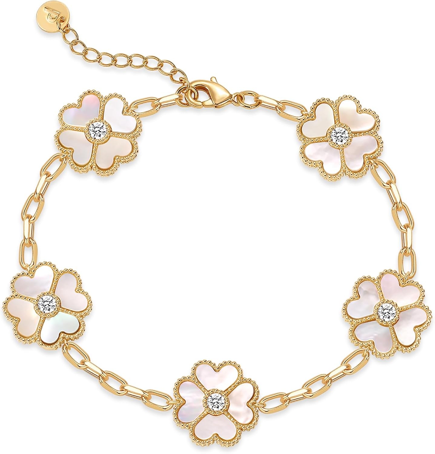 image:imagePAVOI 14K Gold Plated Clover Bracelets for Women Flower Four Leaf Clover Bracelet Mother of Pearl amp Onyx Gemstone Lucky Flower Design Adjustable Trendy Jewelry GiftsYellow Gold