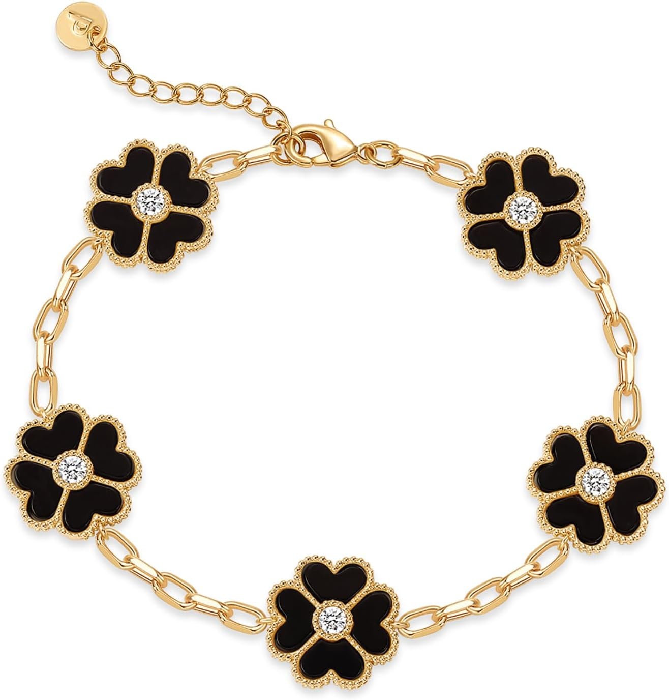 image:imagePAVOI 14K Gold Plated Clover Bracelets for Women Flower Four Leaf Clover Bracelet Mother of Pearl amp Onyx Gemstone Lucky Flower Design Adjustable Trendy Jewelry GiftsYellow Gold