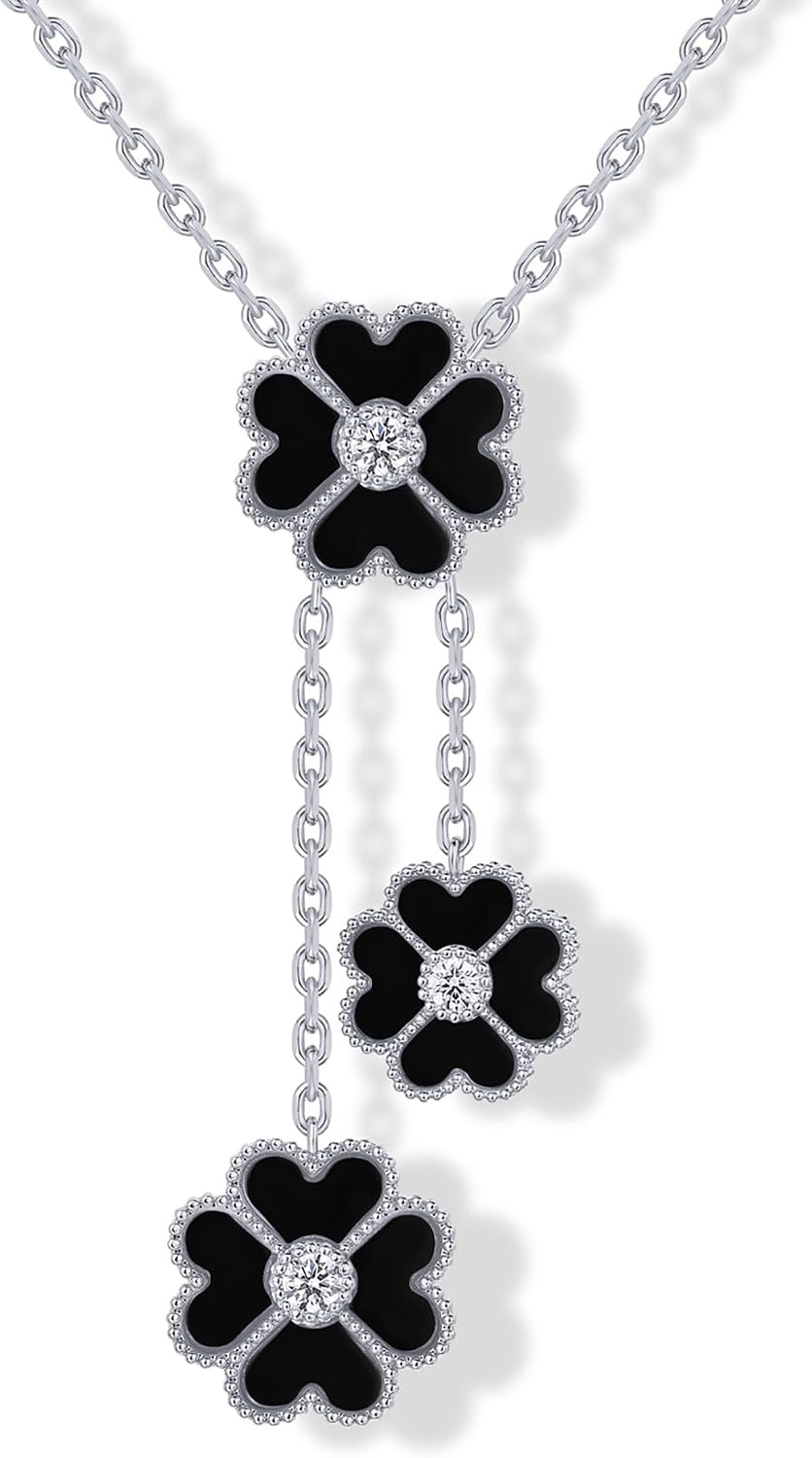 image:imagePAVOI 14K Gold Plated Clover Necklaces for Women Lucky Four Leaf Clover Necklace Pendant Trendy Flower Black Onyx Gemstone Mother of Pearl Jewelry GiftsWhite Gold