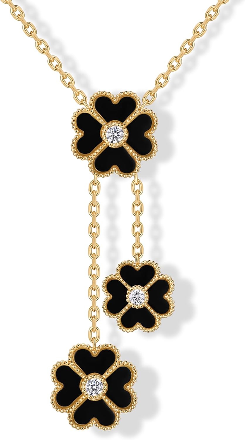 image:imagePAVOI 14K Gold Plated Clover Necklaces for Women Lucky Four Leaf Clover Necklace Pendant Trendy Flower Black Onyx Gemstone Mother of Pearl Jewelry GiftsYellow Gold