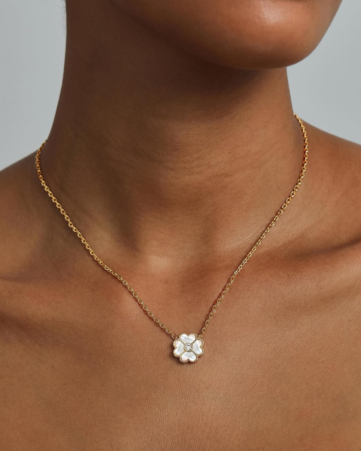 image:imagePAVOI 14K Gold Plated Clover Necklaces for Women Lucky Four Leaf Clover Necklace Pendant Trendy Flower Black Onyx Gemstone Mother of Pearl Jewelry GiftsWhite Gold