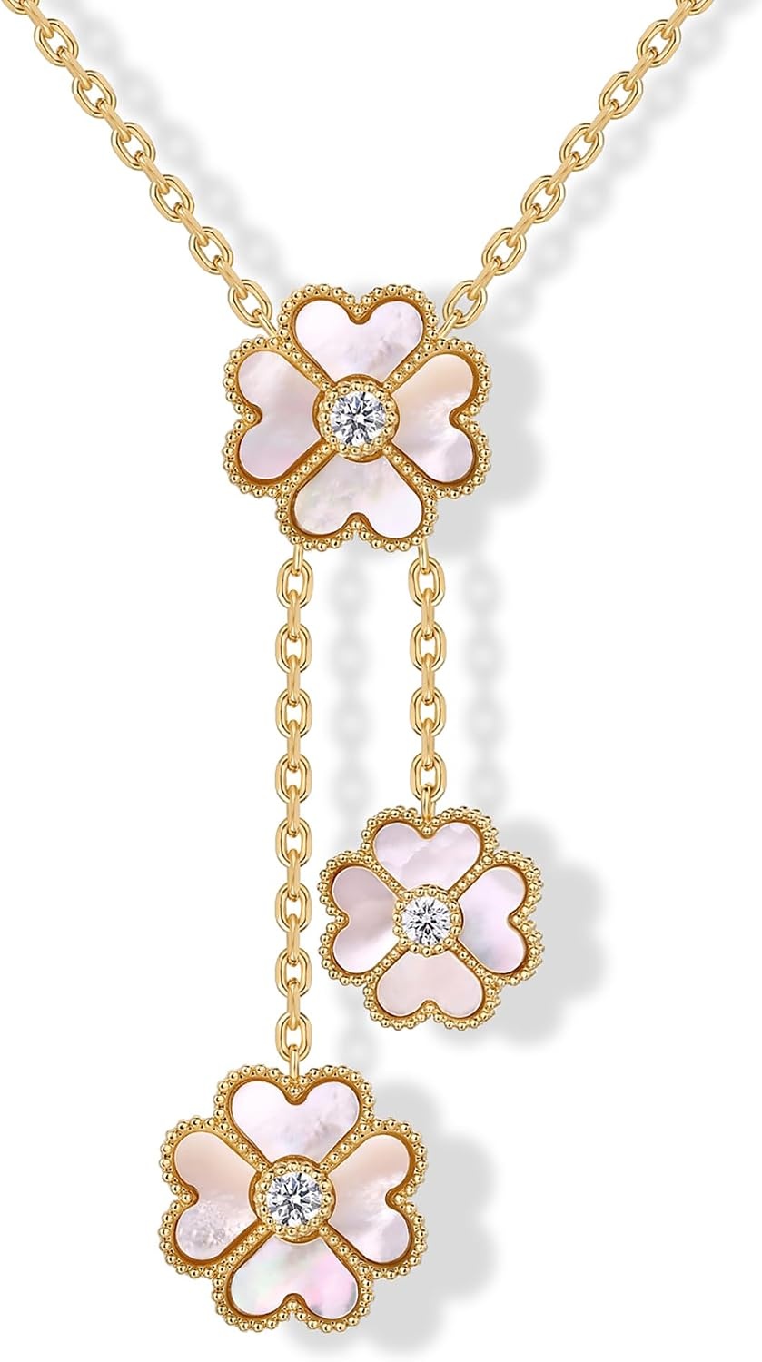image:imagePAVOI 14K Gold Plated Clover Necklaces for Women Lucky Four Leaf Clover Necklace Pendant Trendy Flower Black Onyx Gemstone Mother of Pearl Jewelry GiftsYellow Gold