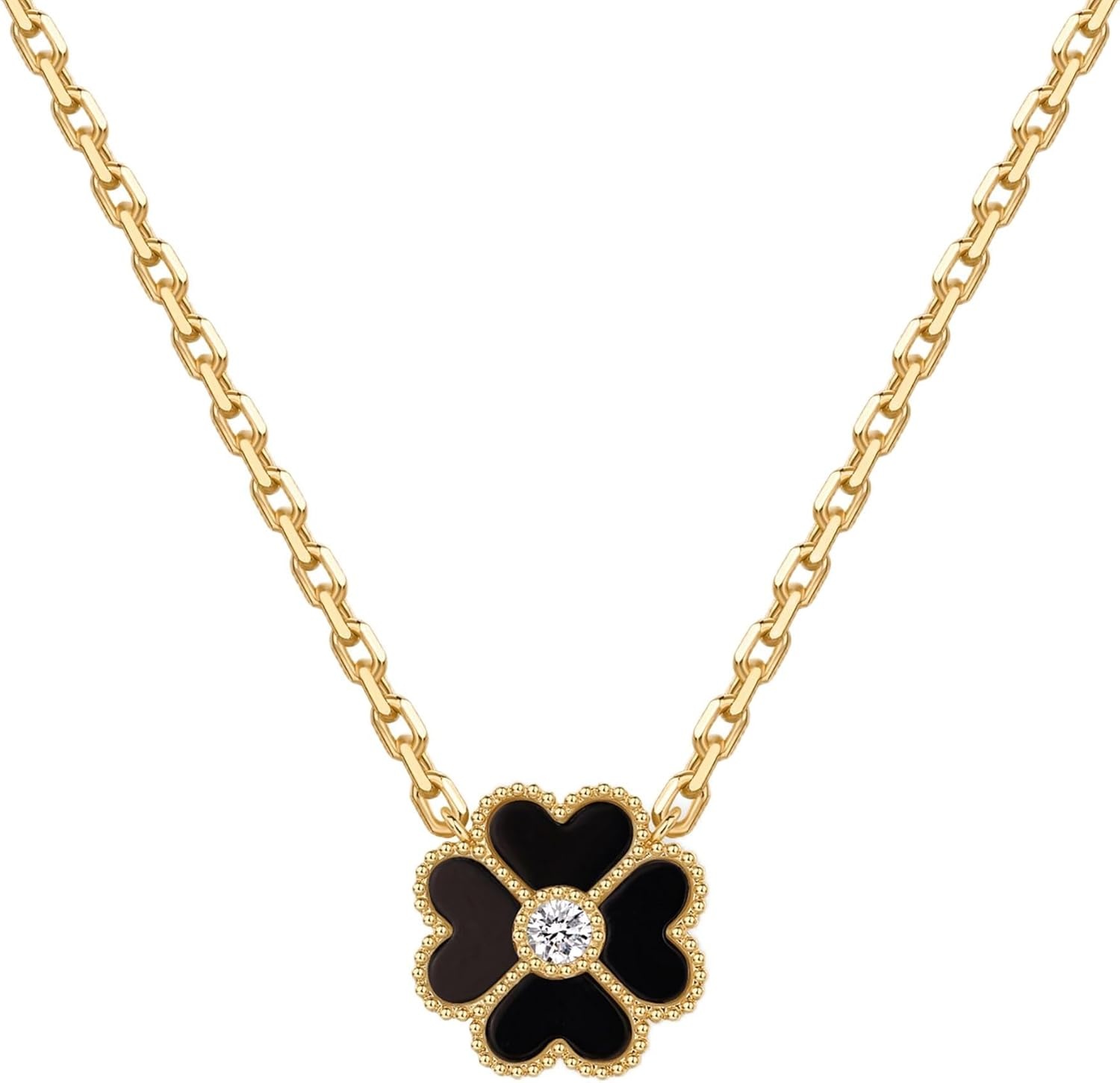 image:imagePAVOI 14K Gold Plated Clover Necklaces for Women Lucky Four Leaf Clover Necklace Pendant Trendy Flower Black Onyx Gemstone Mother of Pearl Jewelry GiftsYellow Gold