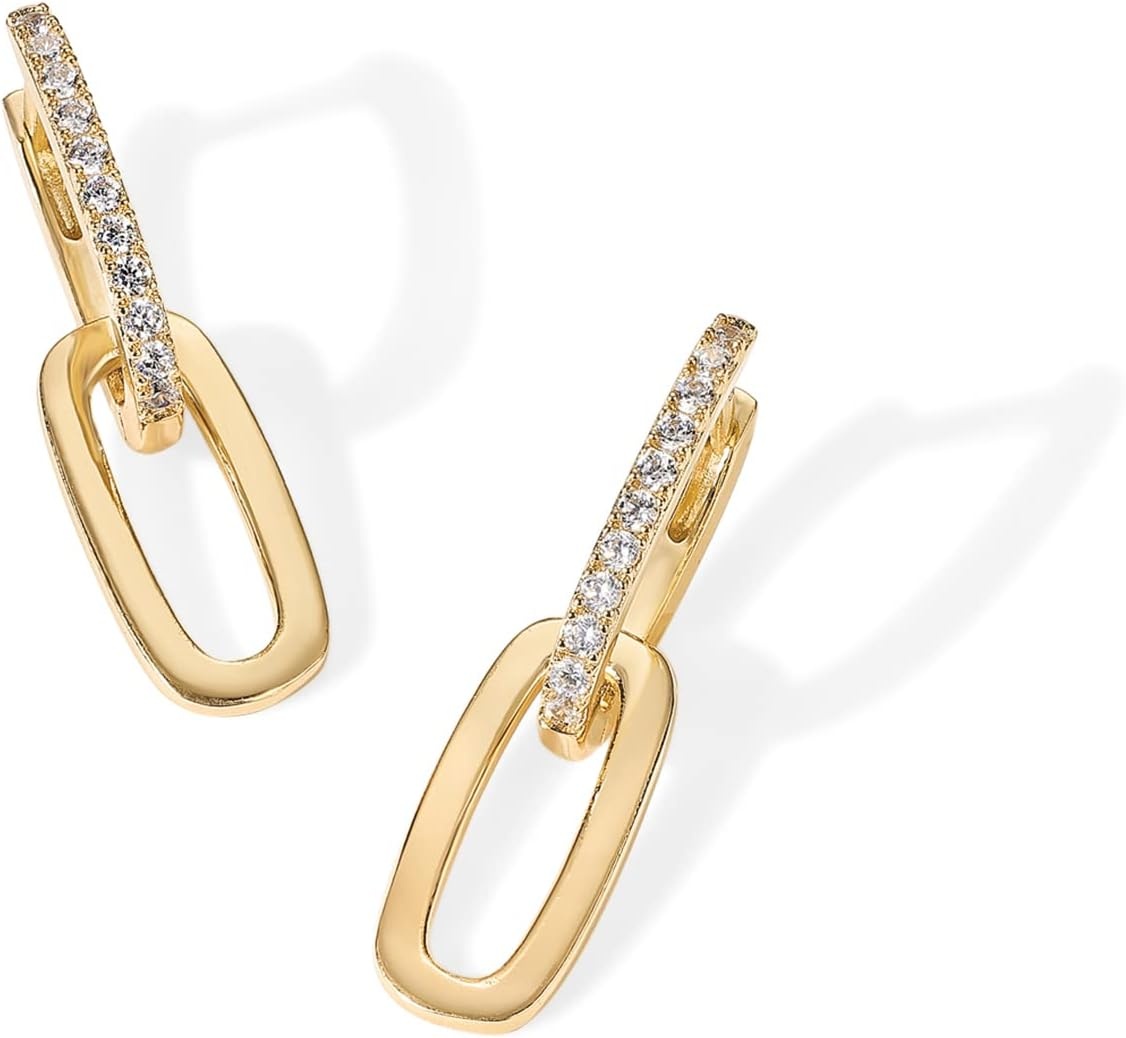 image:imagePAVOI 14K Gold Plated Convertible Paperclip Earrings for Women Trendy Paper Clip Link Huggie Hoop Earrings Chain Link Drop Dangle Hoops with Cubic Zirconia TwoToned Statement JewelryYellow Gold