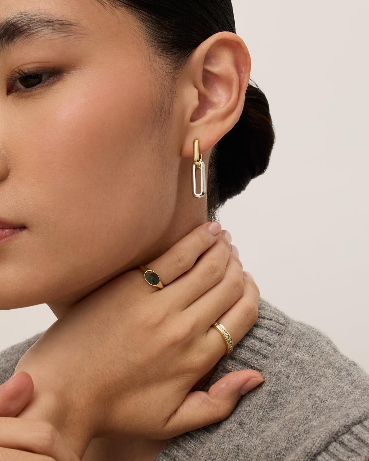 image:imagePAVOI 14K Gold Plated Convertible Paperclip Earrings for Women Trendy Paper Clip Link Huggie Hoop Earrings Chain Link Drop Dangle Hoops with Cubic Zirconia TwoToned Statement JewelryTwoToned
