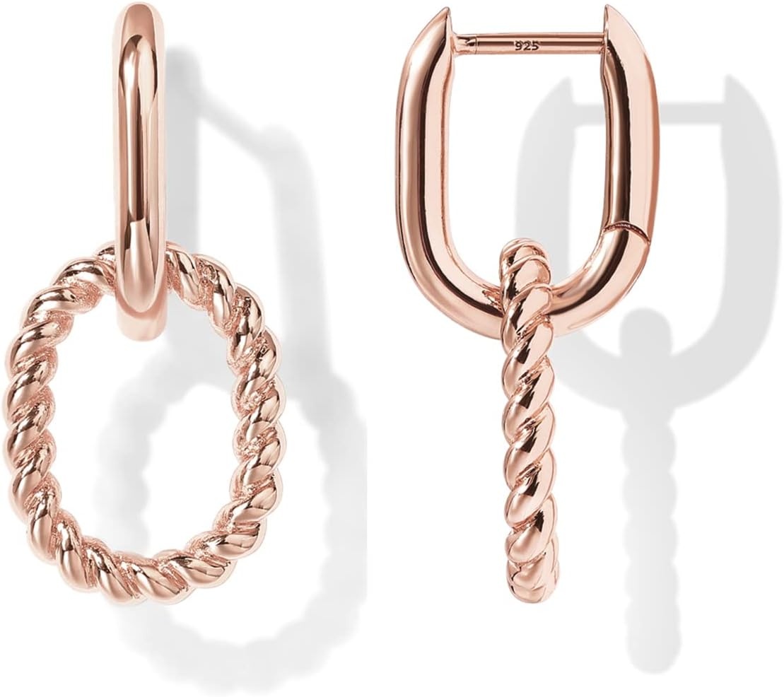 image:imagePAVOI 14K Gold Plated Convertible Paperclip Earrings for Women Trendy Paper Clip Link Huggie Hoop Earrings Chain Link Drop Dangle Hoops with Cubic Zirconia TwoToned Statement JewelryRose Gold