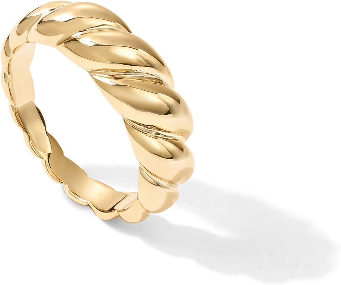 image:imagePAVOI 14K Gold Plated Croissant Dome Rings for Women Trendy Twisted Braided Band Chunky Signet Stackable Ring Stetement JewelryYellow Gold