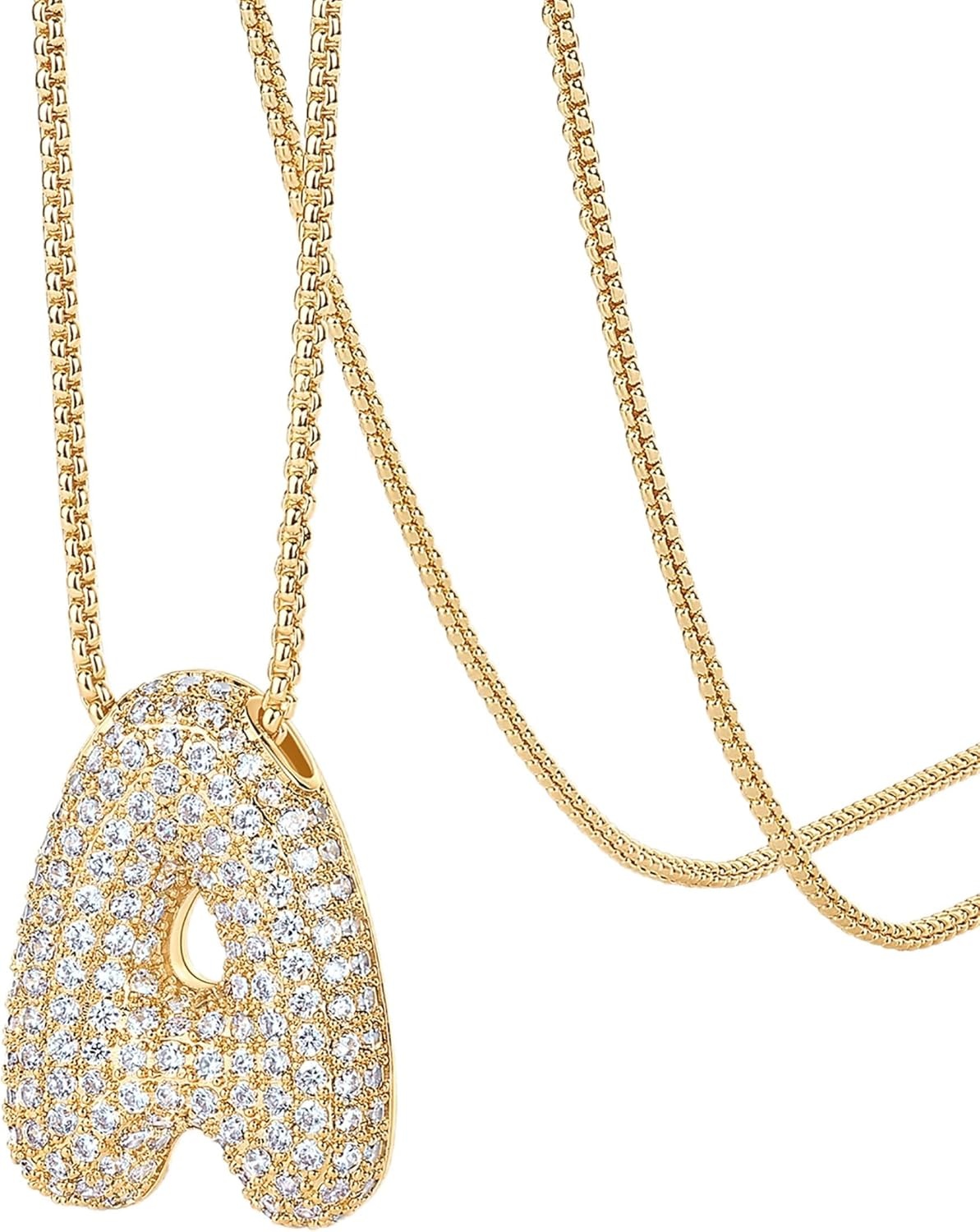 image:imagePAVOI 14K Gold Plated Cubic Zirconia Bubble Letter Initial Necklaces for Women Gold Balloon Necklace Letter Chunky Pendant NecklacesA