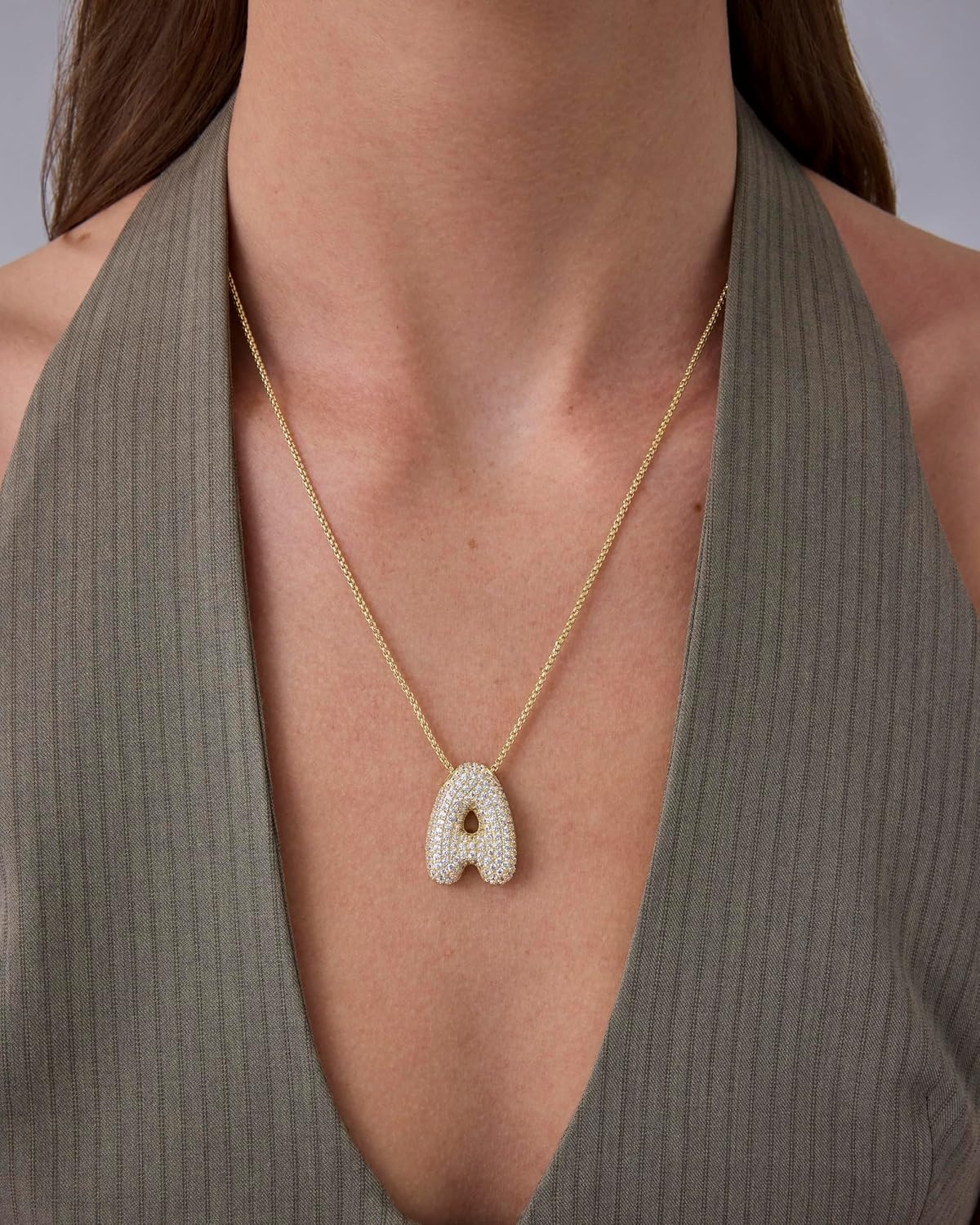 image:imagePAVOI 14K Gold Plated Cubic Zirconia Bubble Letter Initial Necklaces for Women Gold Balloon Necklace Letter Chunky Pendant NecklacesF