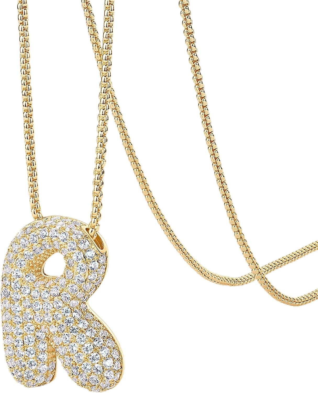 image:imagePAVOI 14K Gold Plated Cubic Zirconia Bubble Letter Initial Necklaces for Women Gold Balloon Necklace Letter Chunky Pendant NecklacesR