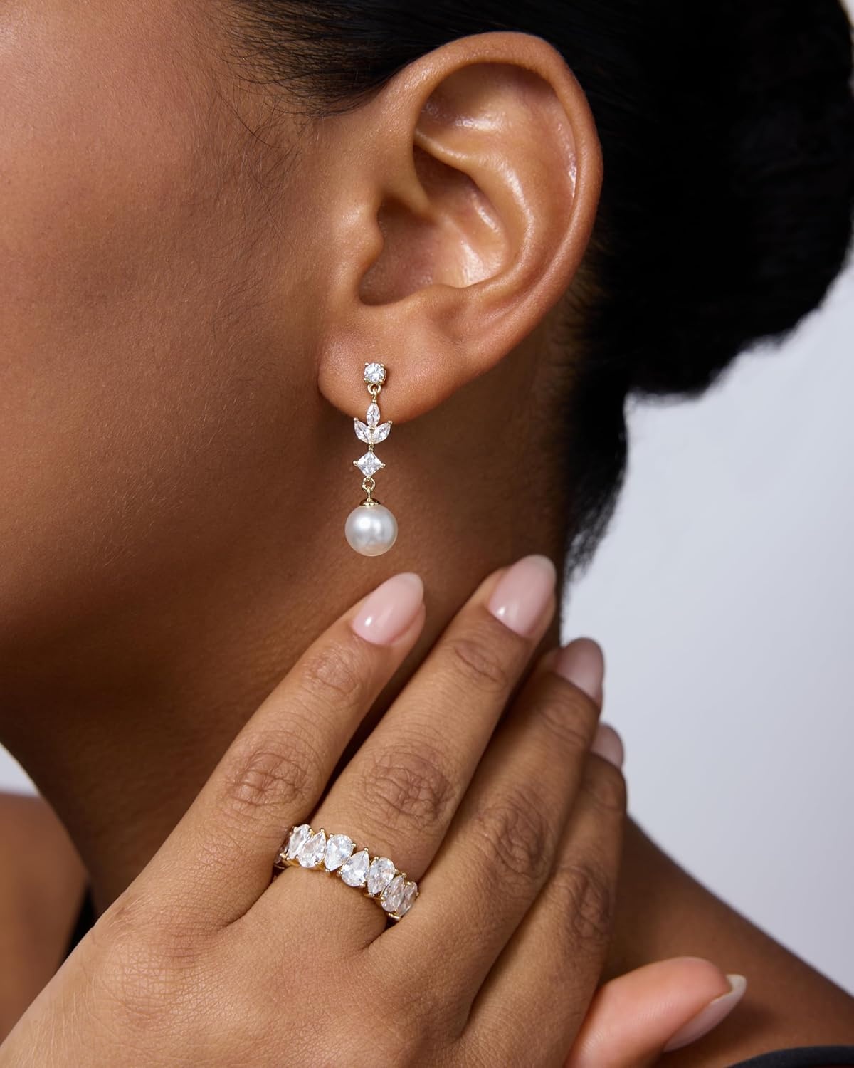 image:imagePAVOI 14K Gold Plated Cubic Zirconia Dangle Earrings for Women Crystal Long Linear Bridal Drop Earrings Cluster CZ Pearl Simulated Diamond Drop Dangle Wedding Jewelry for Brides amp BridesmaidYellow Gold