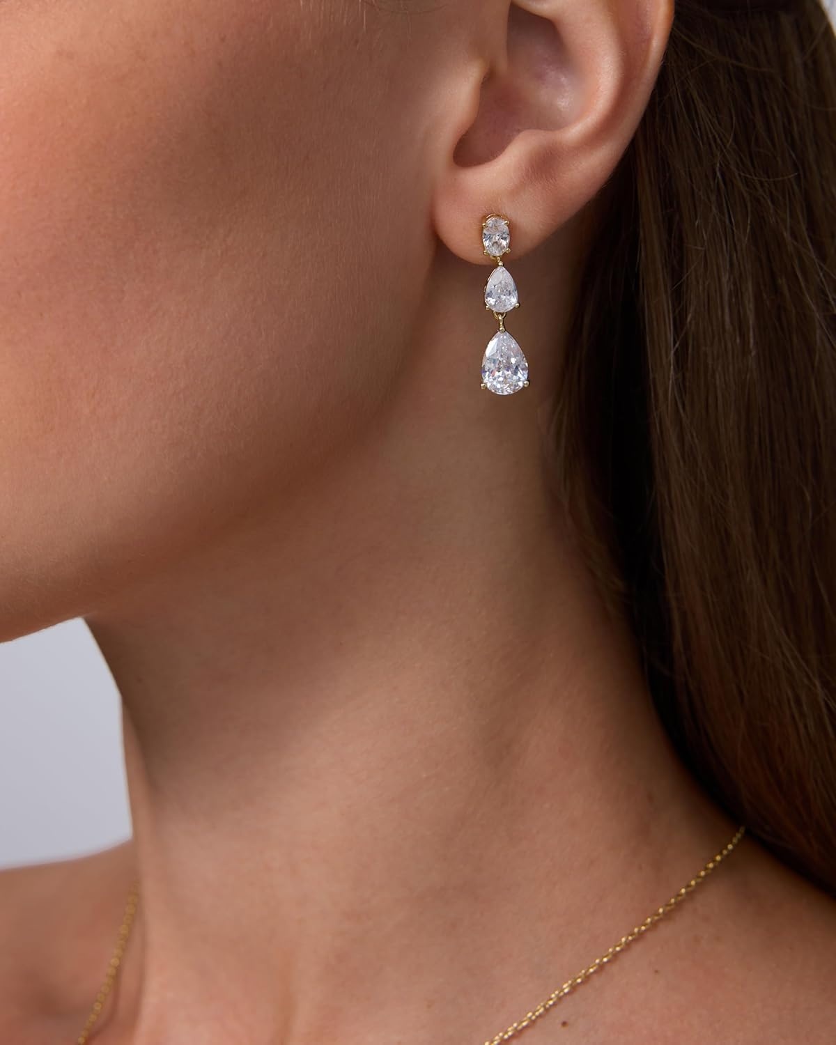 image:imagePAVOI 14K Gold Plated Cubic Zirconia Dangle Earrings for Women Crystal Long Linear Bridal Drop Earrings Cluster CZ Pearl Simulated Diamond Drop Dangle Wedding Jewelry for Brides amp BridesmaidYellow Gold