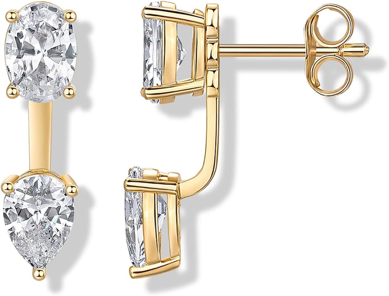 image:imagePAVOI 14K Gold Plated Cubic Zirconia Earrings Jacket for Women Sterling Silver Posts Dainty CZ Front and Back Double Studs Statement Ear Jacket Earrings for WomenYellow Gold