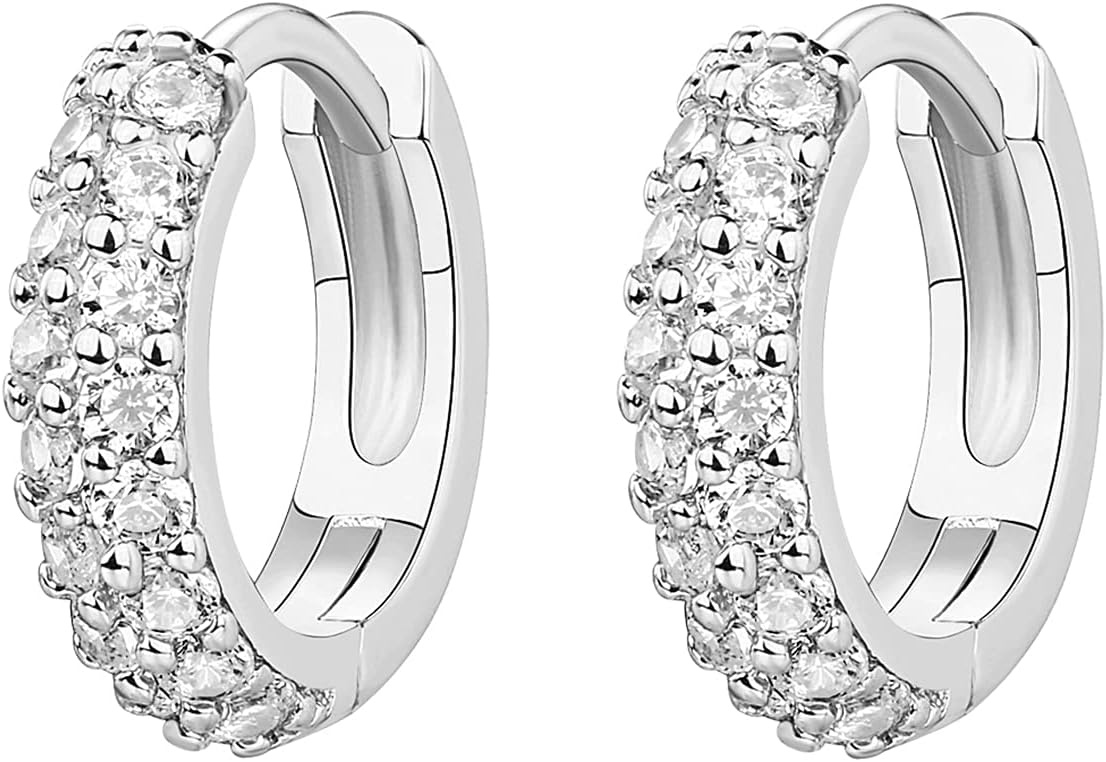 image:imagePAVOI 14K Gold Plated Cubic Zirconia Huggie Hoop Earrings for Women 925 Sterling Silver Posts Small Round Huggies Stud Earrings for WomenWhite Gold