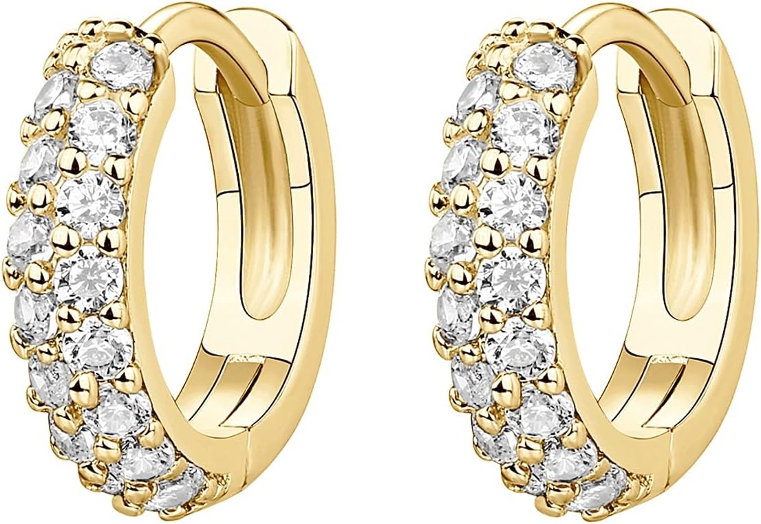 image:imagePAVOI 14K Gold Plated Cubic Zirconia Huggie Hoop Earrings for Women 925 Sterling Silver Posts Small Round Huggies Stud Earrings for WomenYellow Gold
