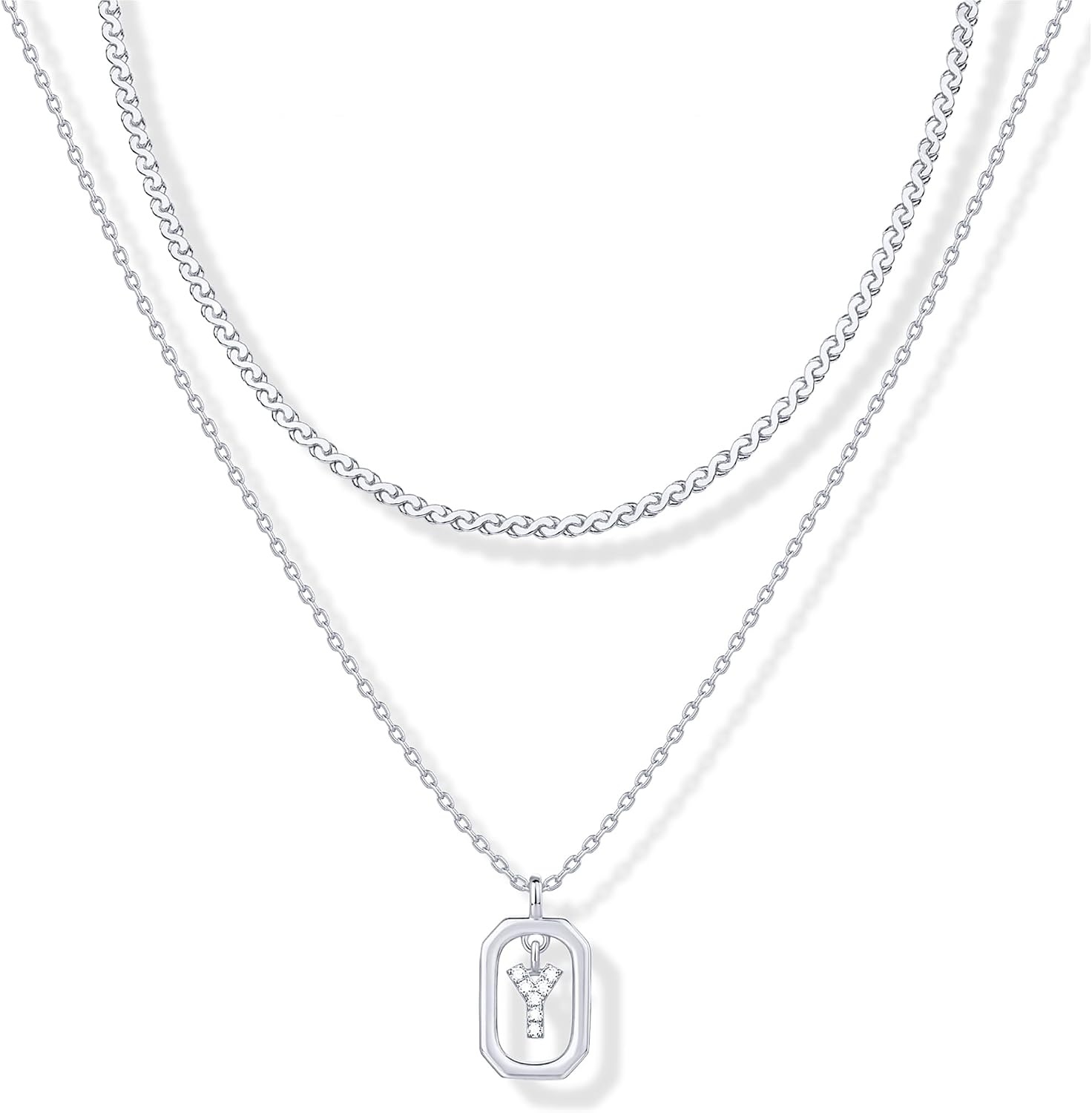 image:imagePAVOI 14K Gold Plated Cubic Zirconia Letter Pendant Layered Necklace Framed Initial Letter Cable Singapore Chains Layering Necklaces for WomenWhite Gold
