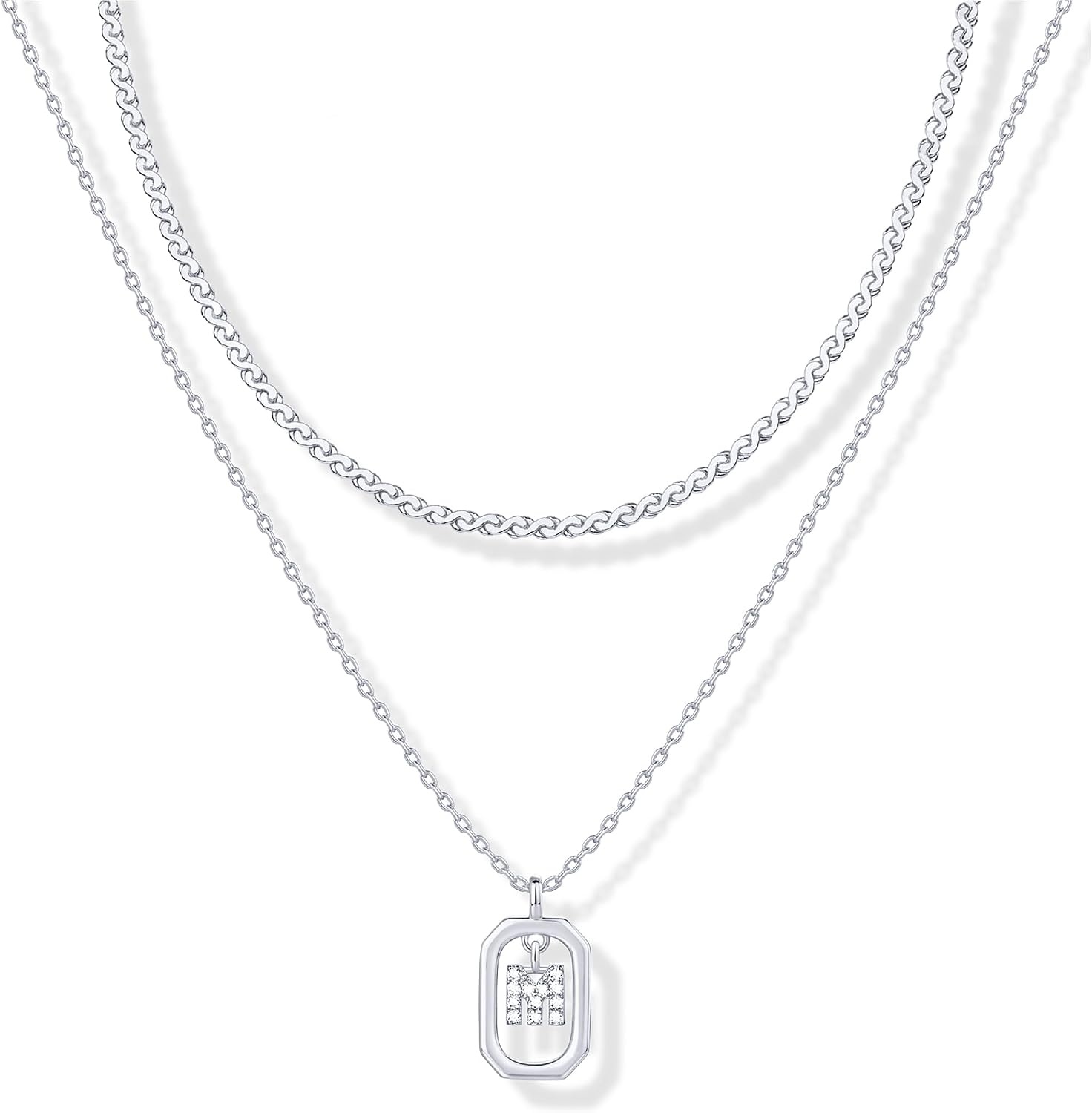 image:imagePAVOI 14K Gold Plated Cubic Zirconia Letter Pendant Layered Necklace Framed Initial Letter Cable Singapore Chains Layering Necklaces for WomenWhite Gold