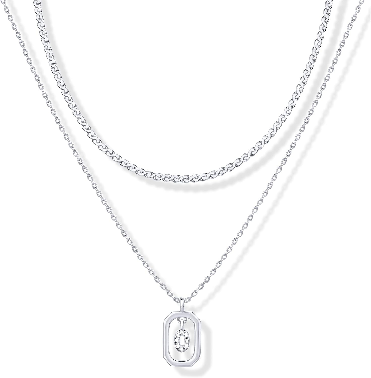 image:imagePAVOI 14K Gold Plated Cubic Zirconia Letter Pendant Layered Necklace Framed Initial Letter Cable Singapore Chains Layering Necklaces for WomenWhite Gold