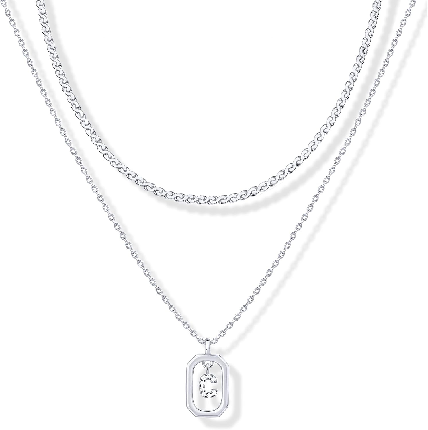 image:imagePAVOI 14K Gold Plated Cubic Zirconia Letter Pendant Layered Necklace Framed Initial Letter Cable Singapore Chains Layering Necklaces for WomenWhite Gold