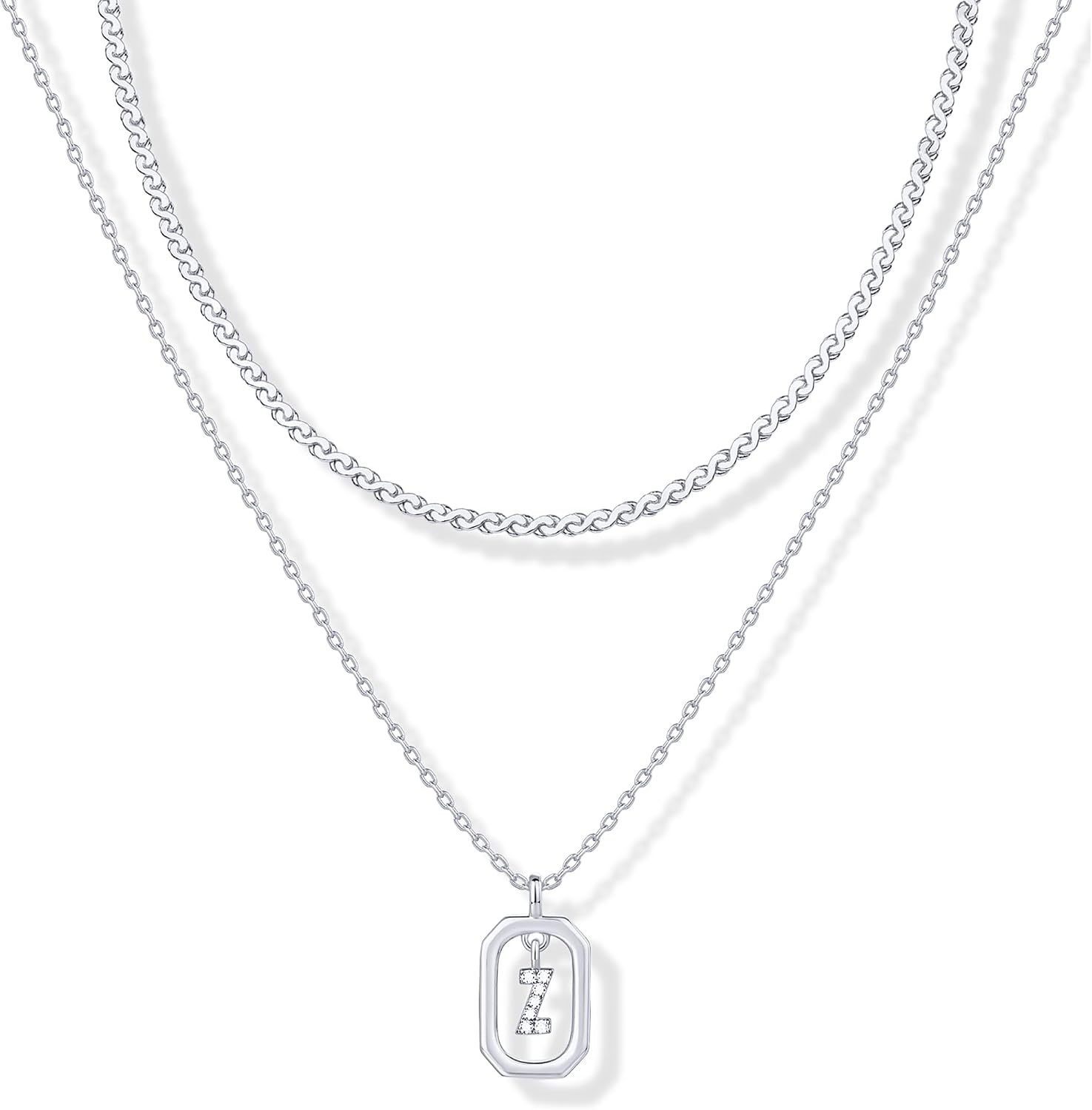 image:imagePAVOI 14K Gold Plated Cubic Zirconia Letter Pendant Layered Necklace Framed Initial Letter Cable Singapore Chains Layering Necklaces for WomenWhite Gold