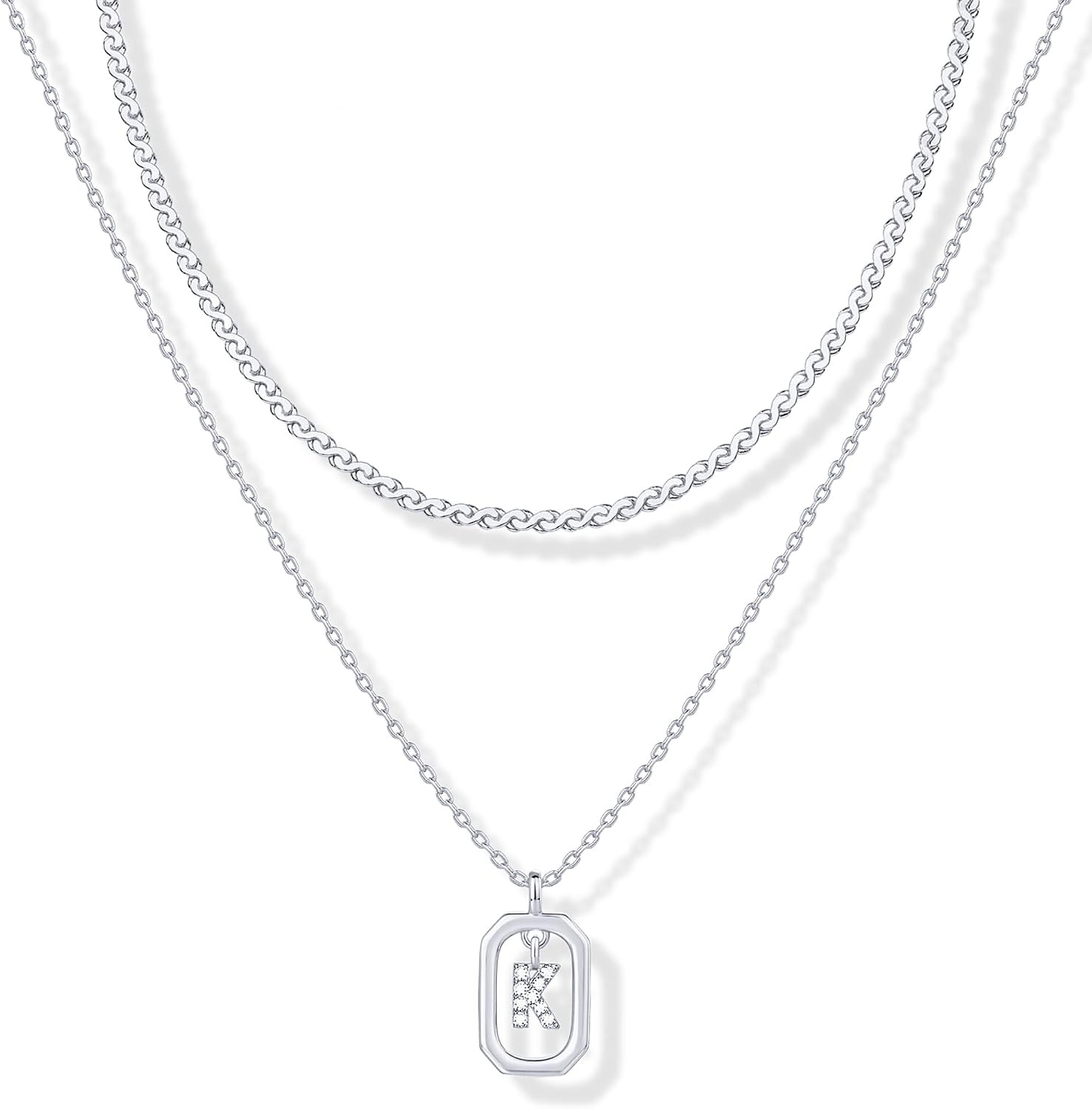 image:imagePAVOI 14K Gold Plated Cubic Zirconia Letter Pendant Layered Necklace Framed Initial Letter Cable Singapore Chains Layering Necklaces for WomenWhite Gold
