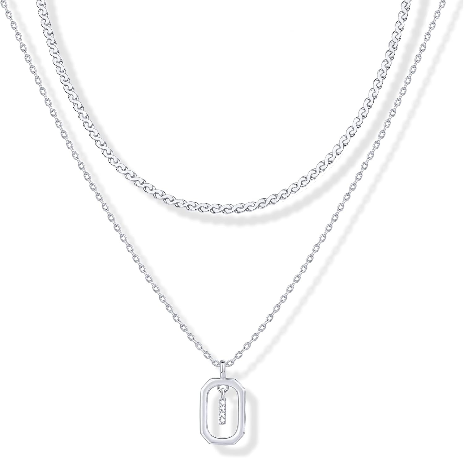 image:imagePAVOI 14K Gold Plated Cubic Zirconia Letter Pendant Layered Necklace Framed Initial Letter Cable Singapore Chains Layering Necklaces for WomenWhite Gold