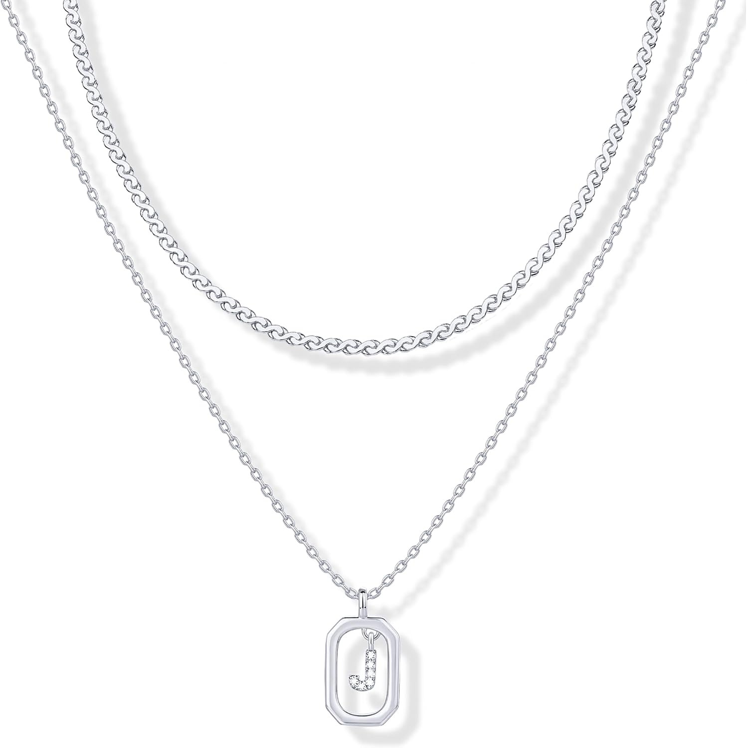image:imagePAVOI 14K Gold Plated Cubic Zirconia Letter Pendant Layered Necklace Framed Initial Letter Cable Singapore Chains Layering Necklaces for WomenWhite Gold