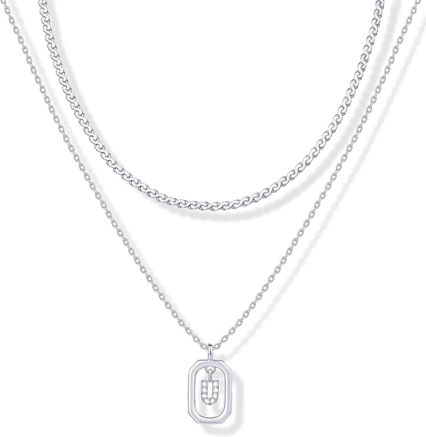 image:imagePAVOI 14K Gold Plated Cubic Zirconia Letter Pendant Layered Necklace Framed Initial Letter Cable Singapore Chains Layering Necklaces for WomenWhite Gold