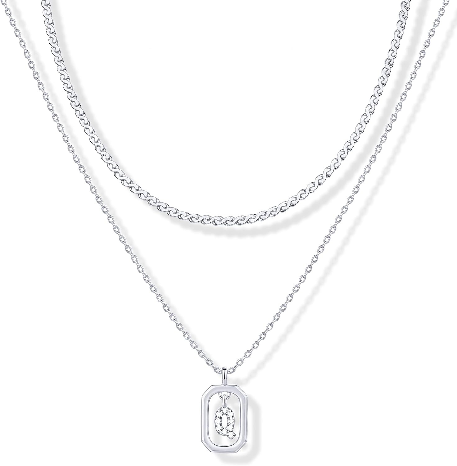 image:imagePAVOI 14K Gold Plated Cubic Zirconia Letter Pendant Layered Necklace Framed Initial Letter Cable Singapore Chains Layering Necklaces for WomenWhite Gold