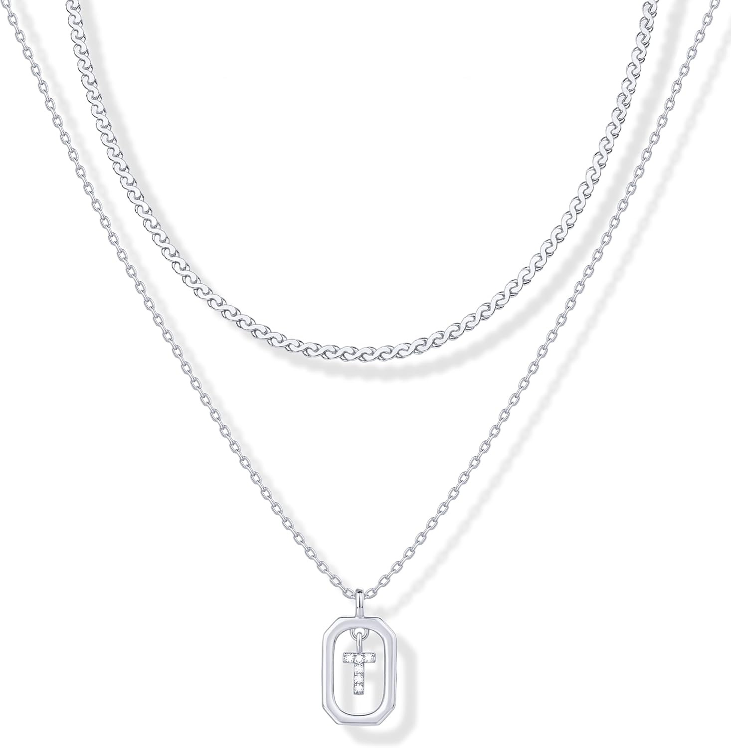 image:imagePAVOI 14K Gold Plated Cubic Zirconia Letter Pendant Layered Necklace Framed Initial Letter Cable Singapore Chains Layering Necklaces for WomenWhite Gold