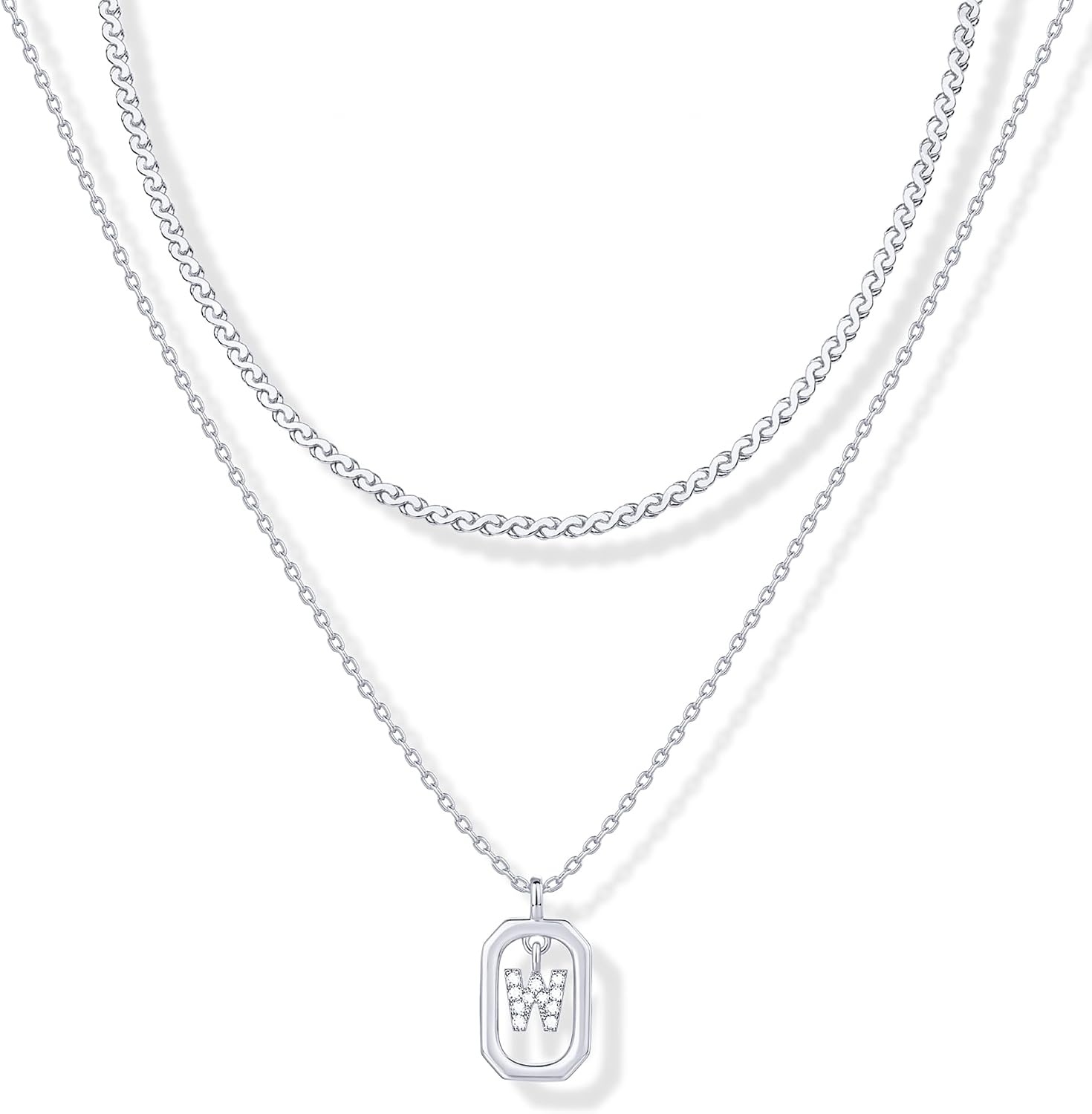 image:imagePAVOI 14K Gold Plated Cubic Zirconia Letter Pendant Layered Necklace Framed Initial Letter Cable Singapore Chains Layering Necklaces for WomenWhite Gold