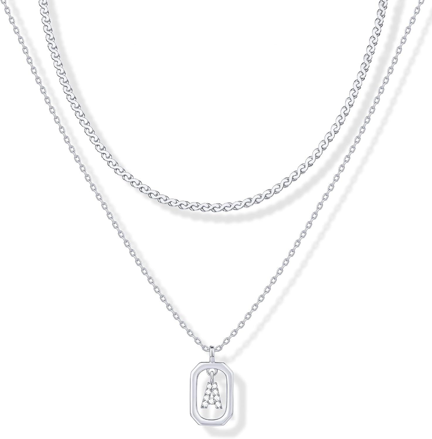 image:imagePAVOI 14K Gold Plated Cubic Zirconia Letter Pendant Layered Necklace Framed Initial Letter Cable Singapore Chains Layering Necklaces for WomenWhite Gold