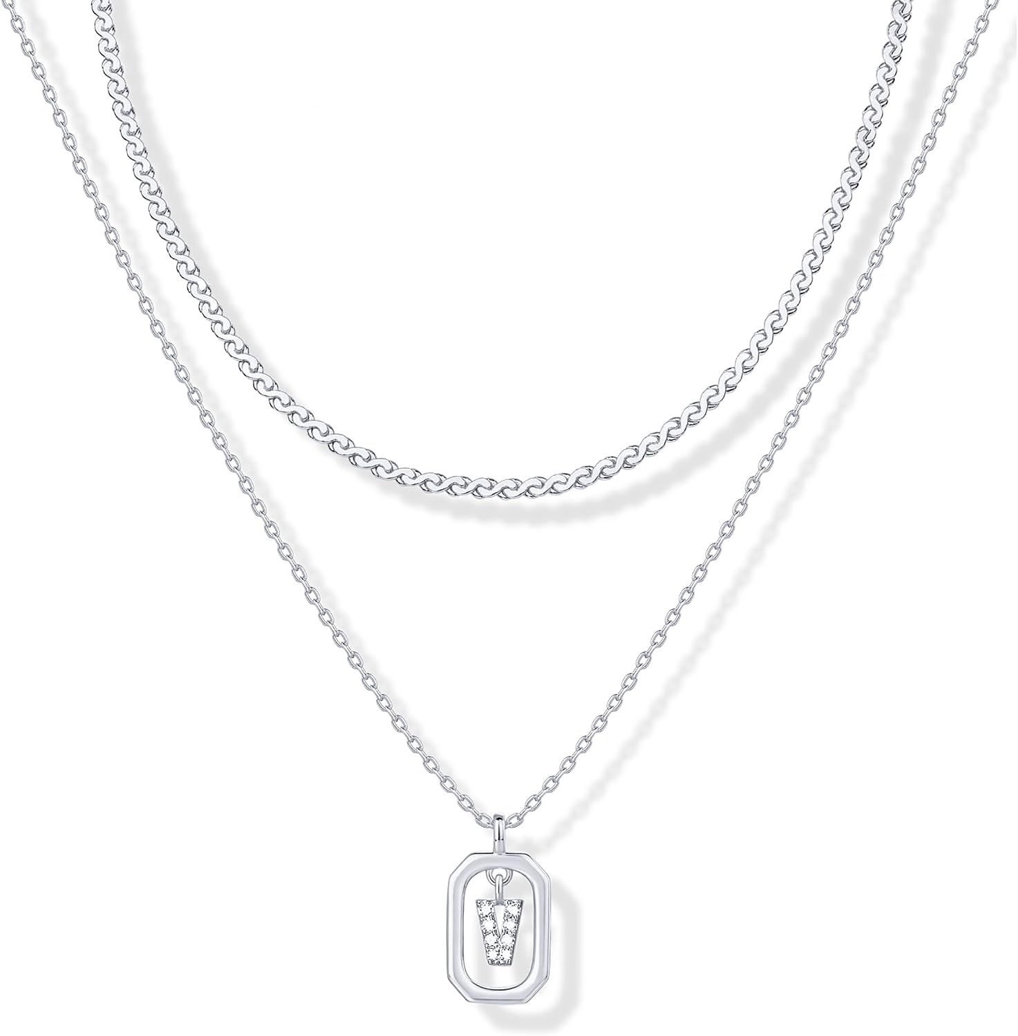 image:imagePAVOI 14K Gold Plated Cubic Zirconia Letter Pendant Layered Necklace Framed Initial Letter Cable Singapore Chains Layering Necklaces for WomenWhite Gold