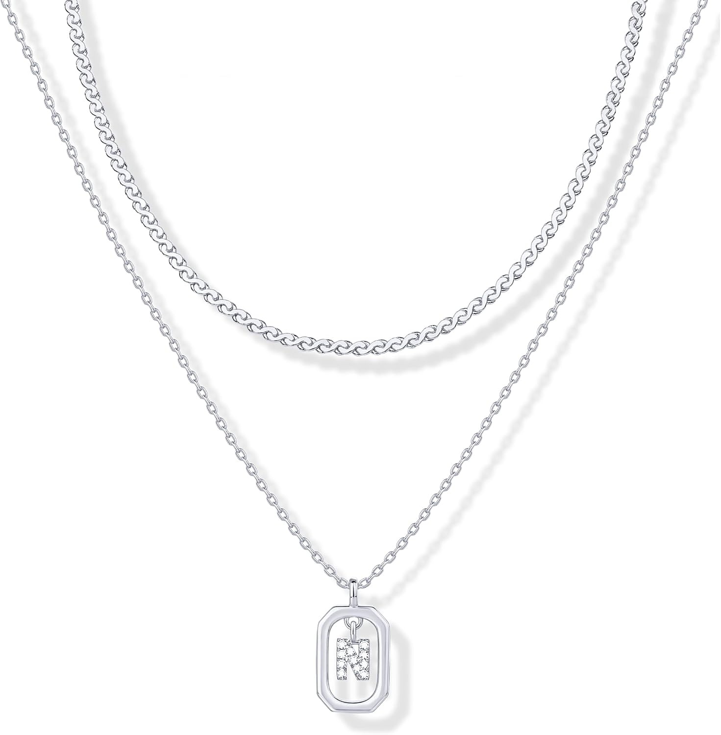 image:imagePAVOI 14K Gold Plated Cubic Zirconia Letter Pendant Layered Necklace Framed Initial Letter Cable Singapore Chains Layering Necklaces for WomenWhite Gold