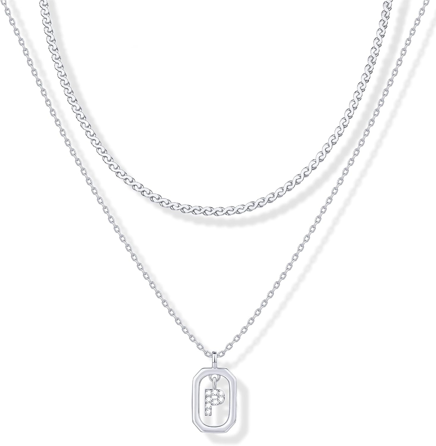 image:imagePAVOI 14K Gold Plated Cubic Zirconia Letter Pendant Layered Necklace Framed Initial Letter Cable Singapore Chains Layering Necklaces for WomenWhite Gold